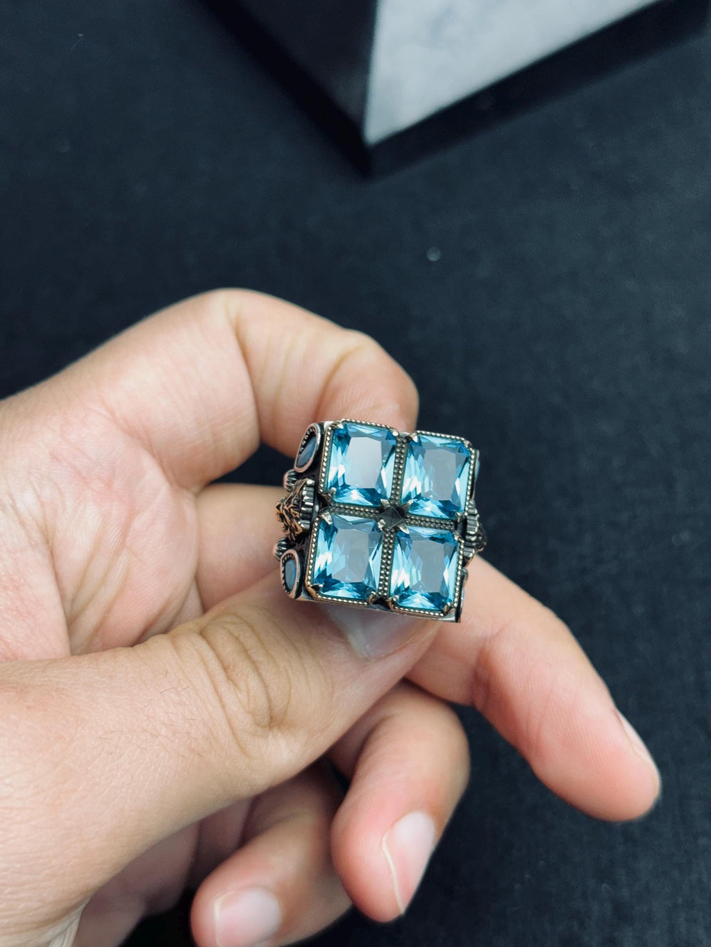 Square Aquamarine Ring: Men's Sterling Silver Statement (Handmade)