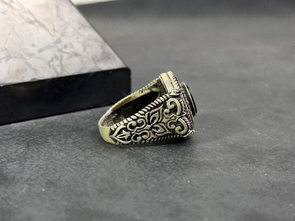 Engraved Greek Onyx Ring: Sterling Silver Flat Black Stone