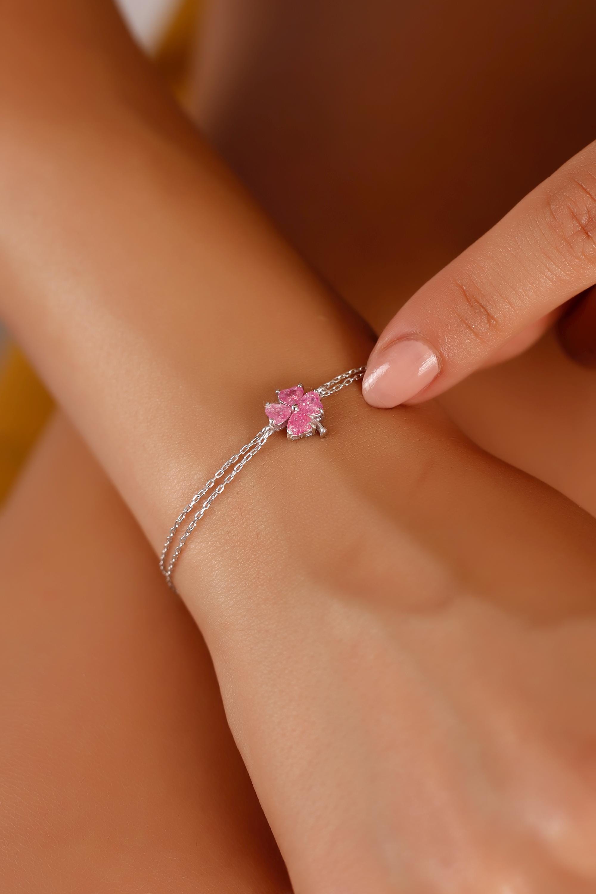 Pink Four Leaf Clover Bracelet, Sterling Silver Dainty Floral Charm Jewelry