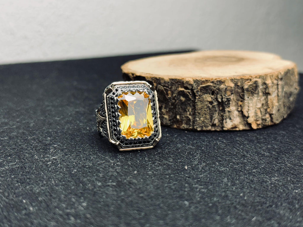 Square Citrine Men’s Ring - Handmade Sterling Silver Bold Gem