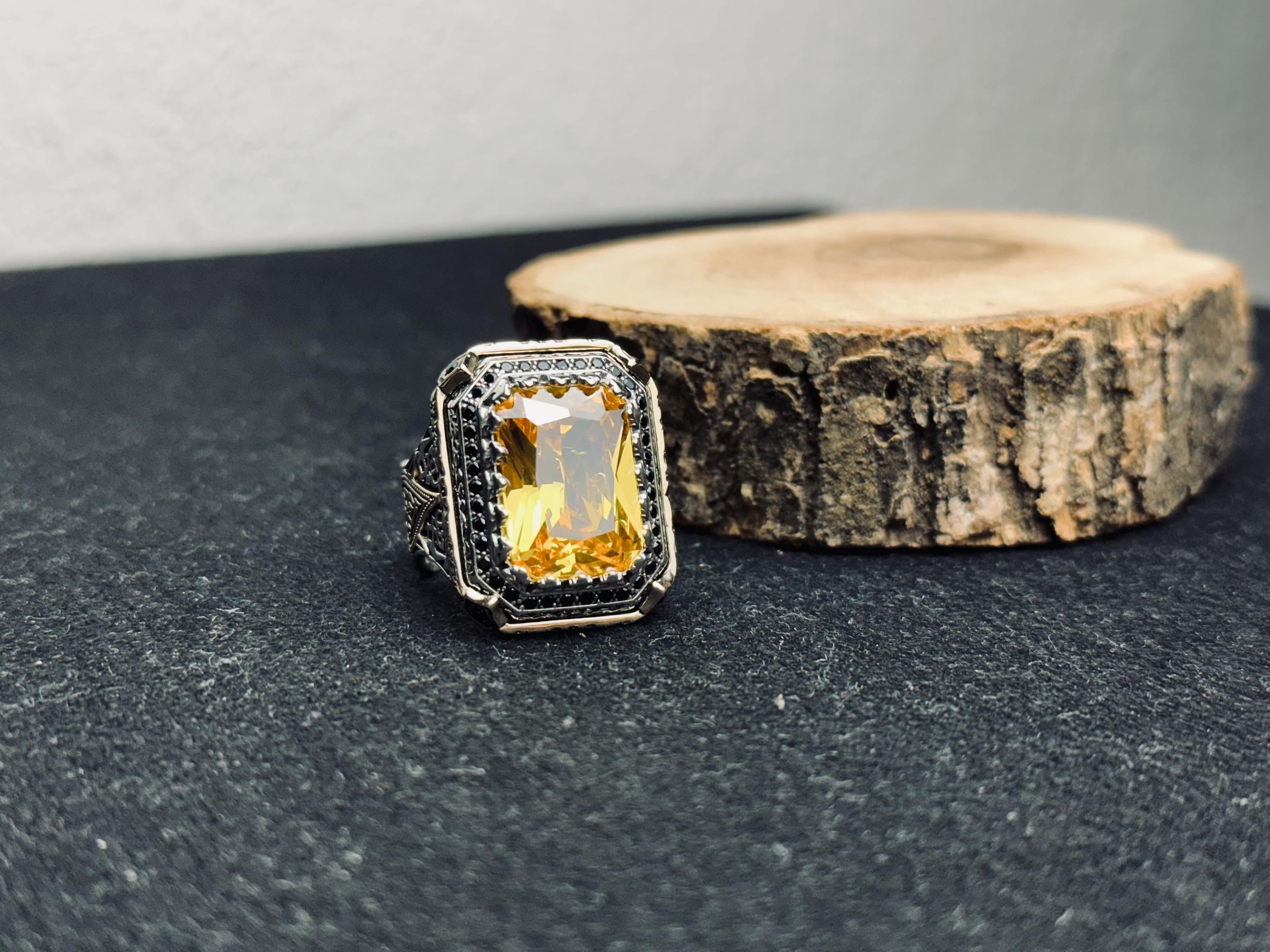 Square Citrine Men’s Ring - Handmade Sterling Silver Bold Gem