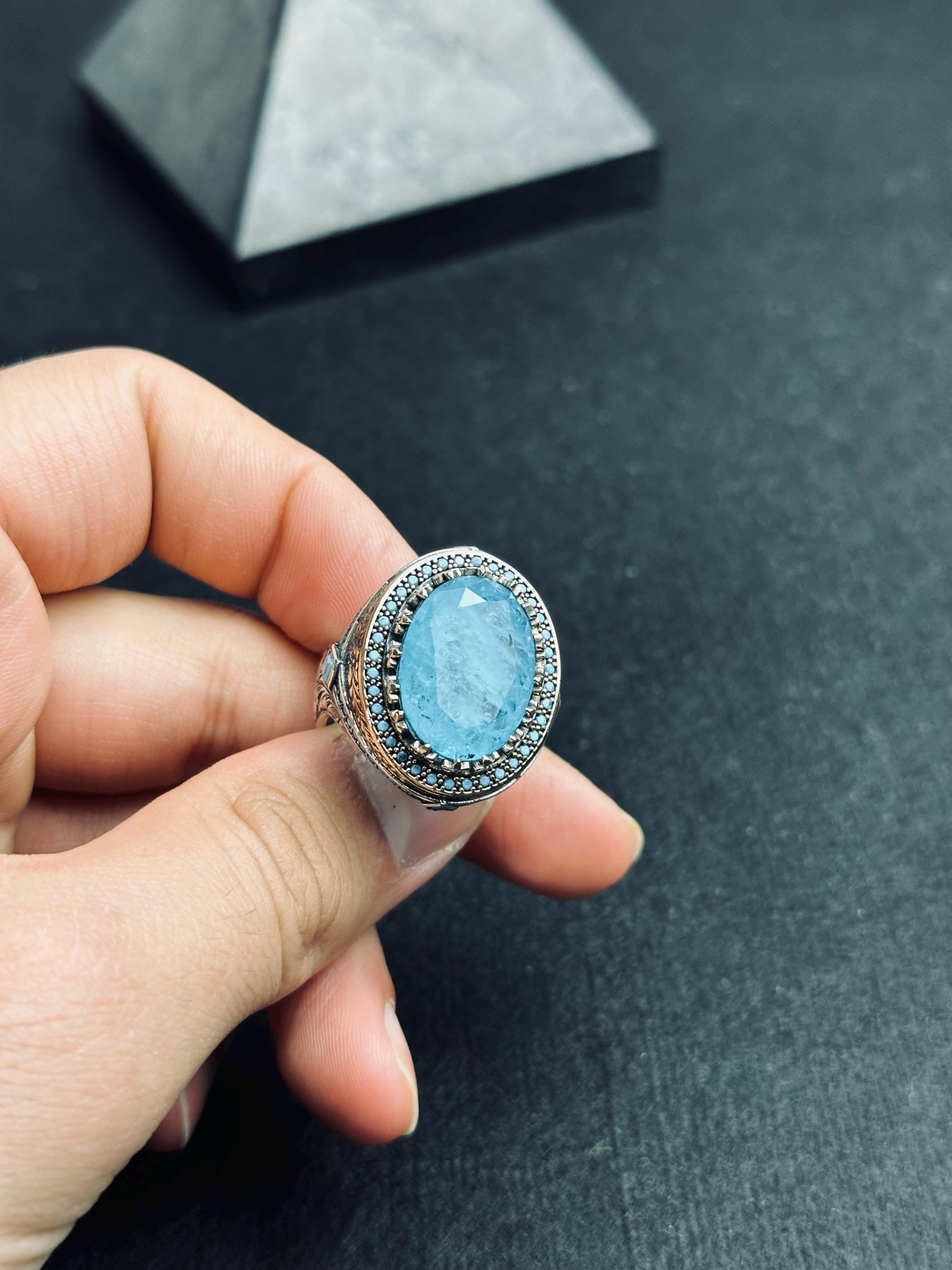 Men's Sterling Silver Signet Ring, Oval Aquamarine & Blue Paraiba (Handmade)
