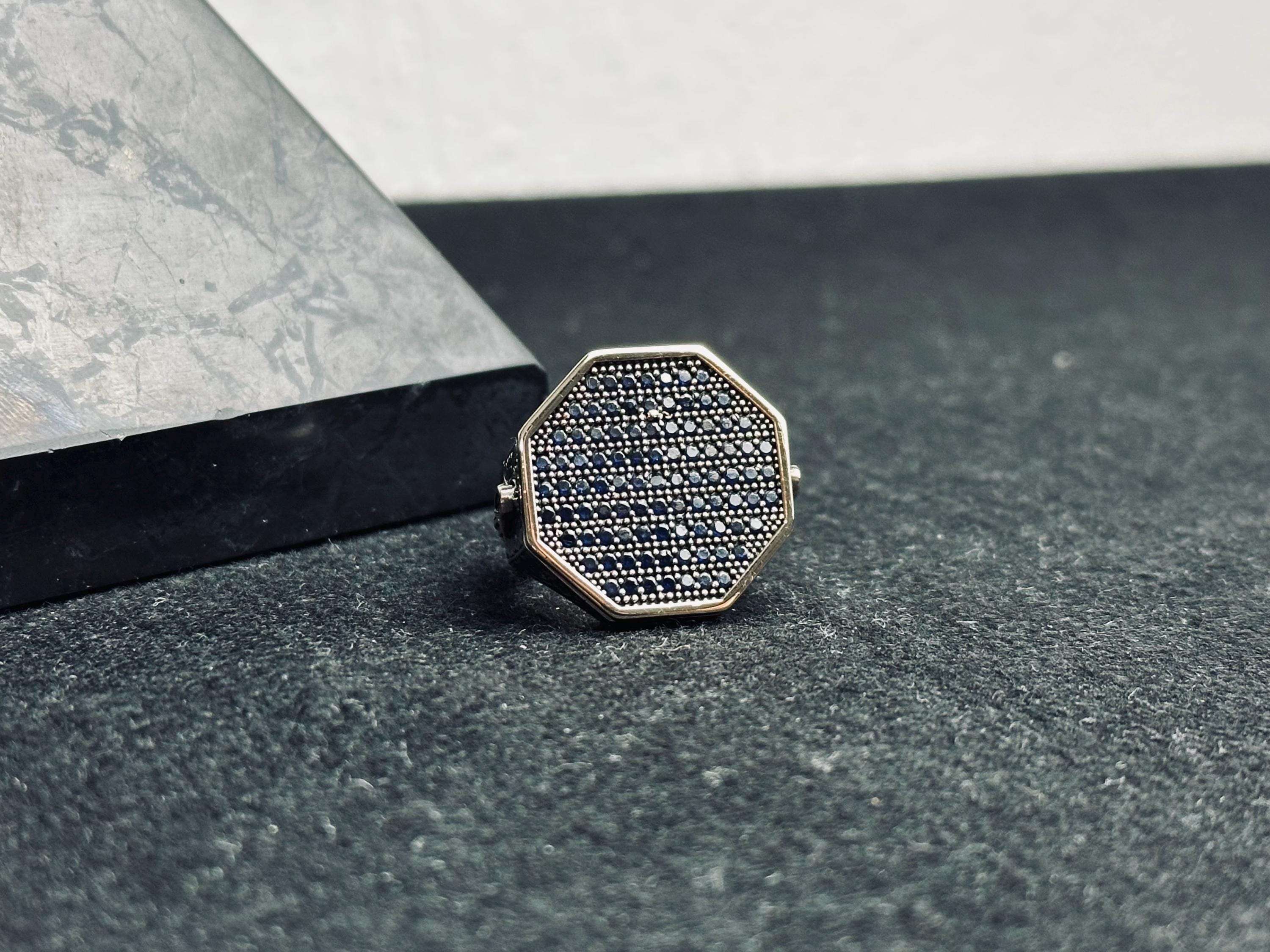 8-Shape Silver Ring for Men - Tiny Blue Zircon Detail