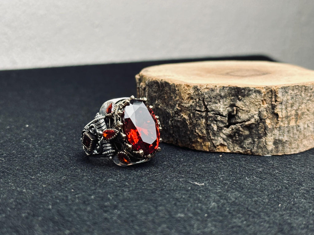 Ruby Signet Ring: Sterling Silver Artisan Design - Zircon Detail