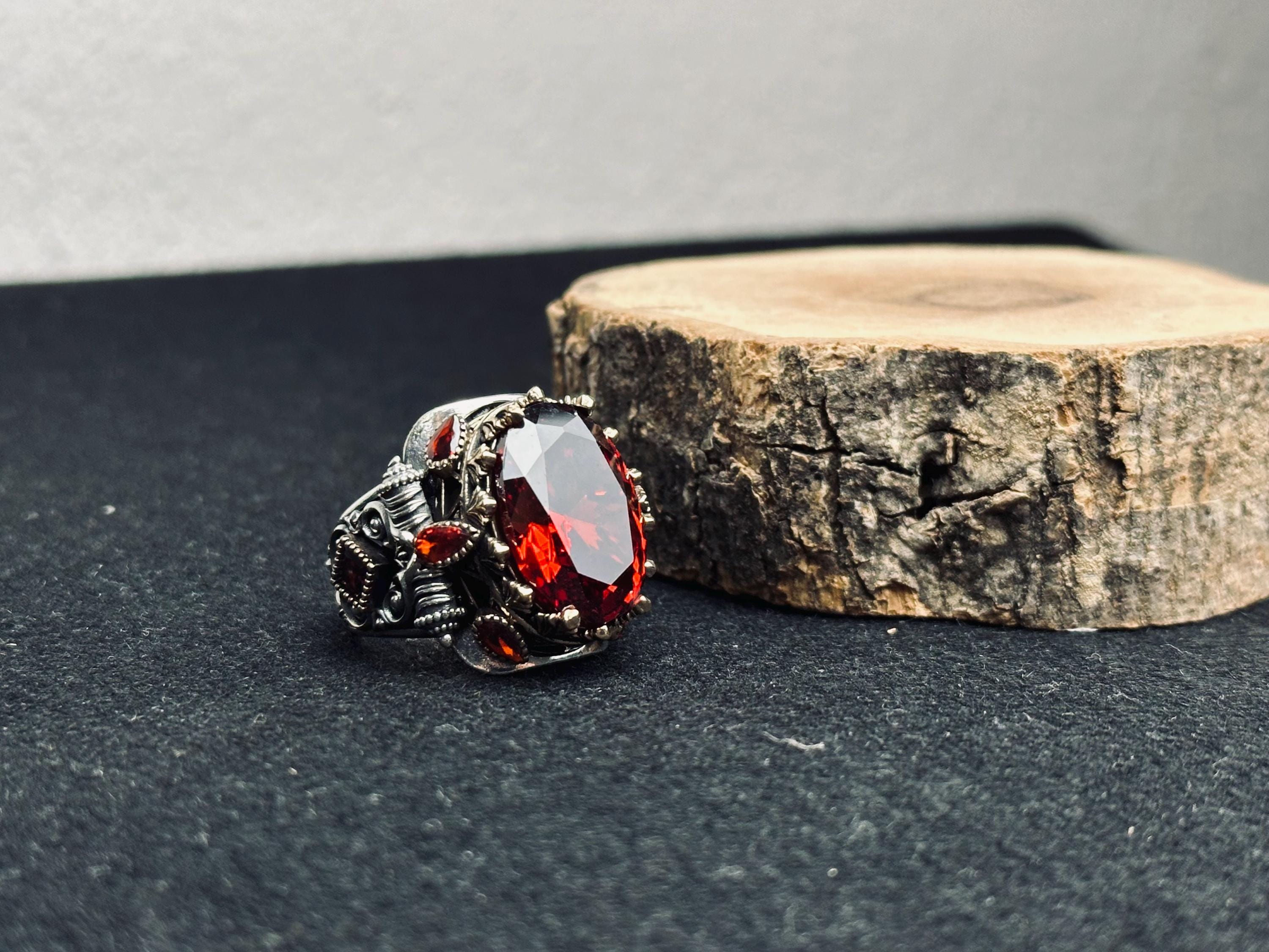 Ruby Signet Ring: Sterling Silver Artisan Design - Zircon Detail