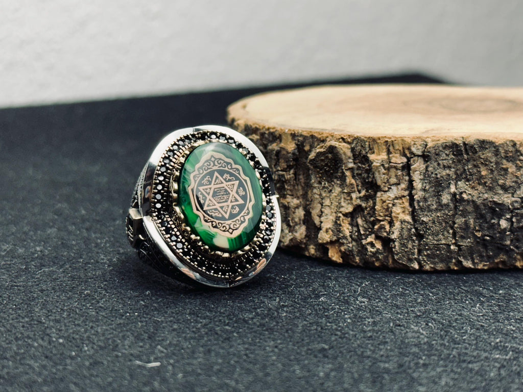 Solomon Seal Ring: Handmade Sterling Silver with Green Amber