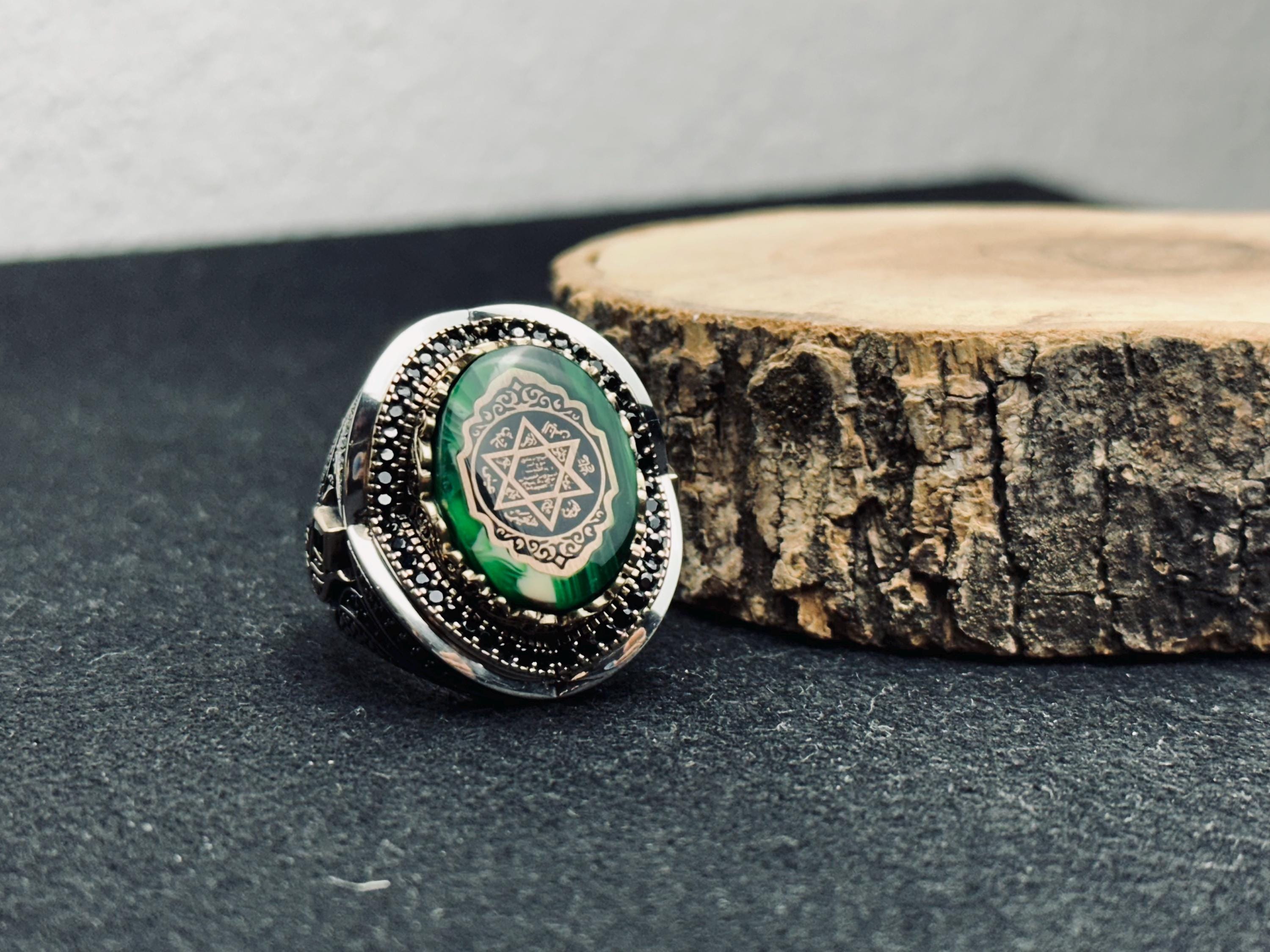 Solomon Seal Ring: Handmade Sterling Silver with Green Amber