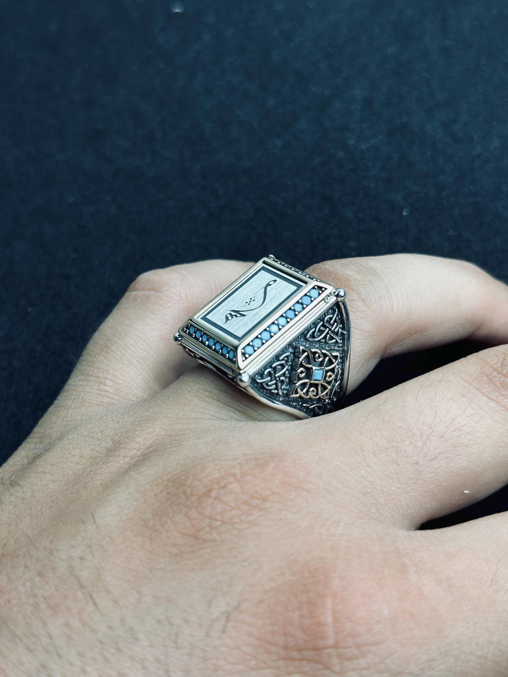 Arabic Calligraphy Silver Ring - Square Shape with Turquoise Detail