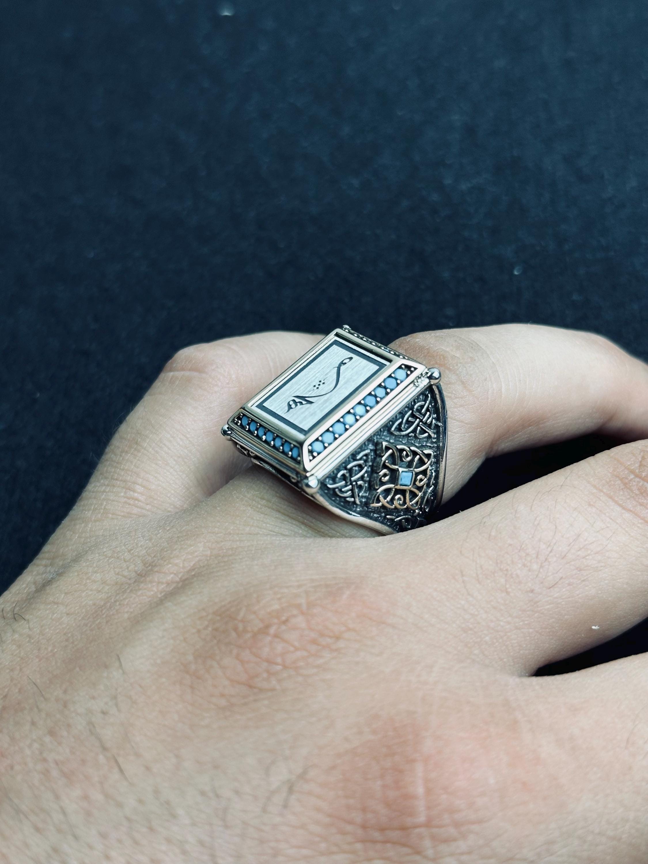 Arabic Calligraphy Silver Ring - Square Shape with Turquoise Detail
