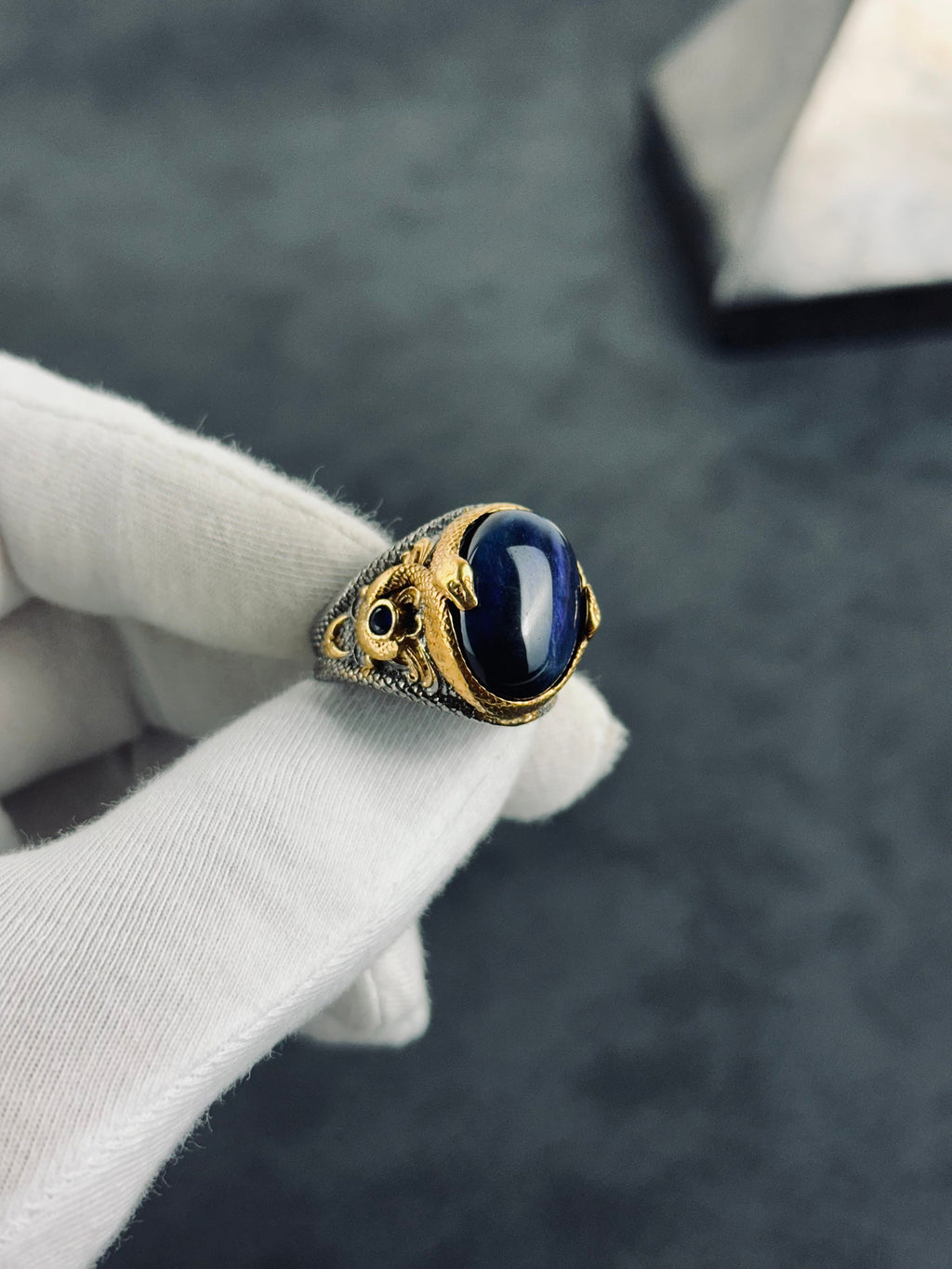 Sapphire Dragon Ring - Sterling Silver Engraved Statement Piece