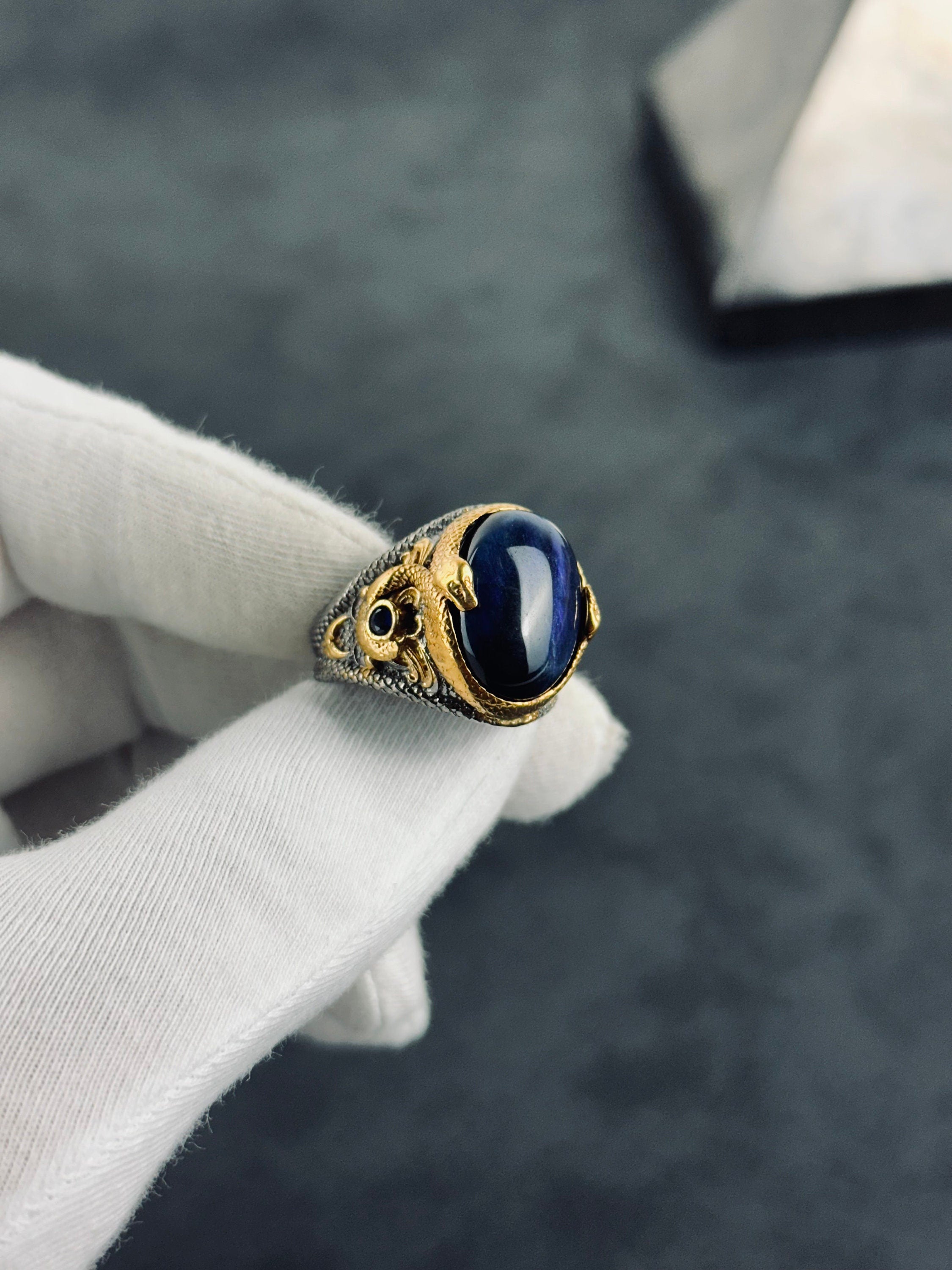 Sapphire Dragon Ring - Sterling Silver Engraved Statement Piece