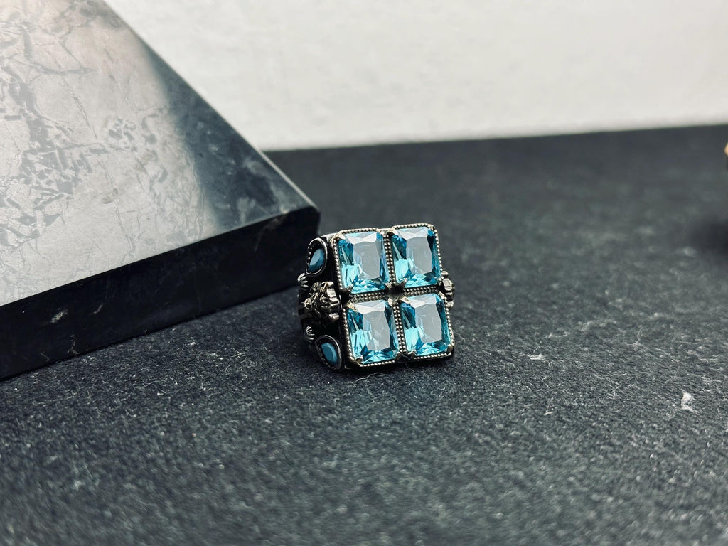 Square Aquamarine Ring: Men's Sterling Silver Statement (Handmade)