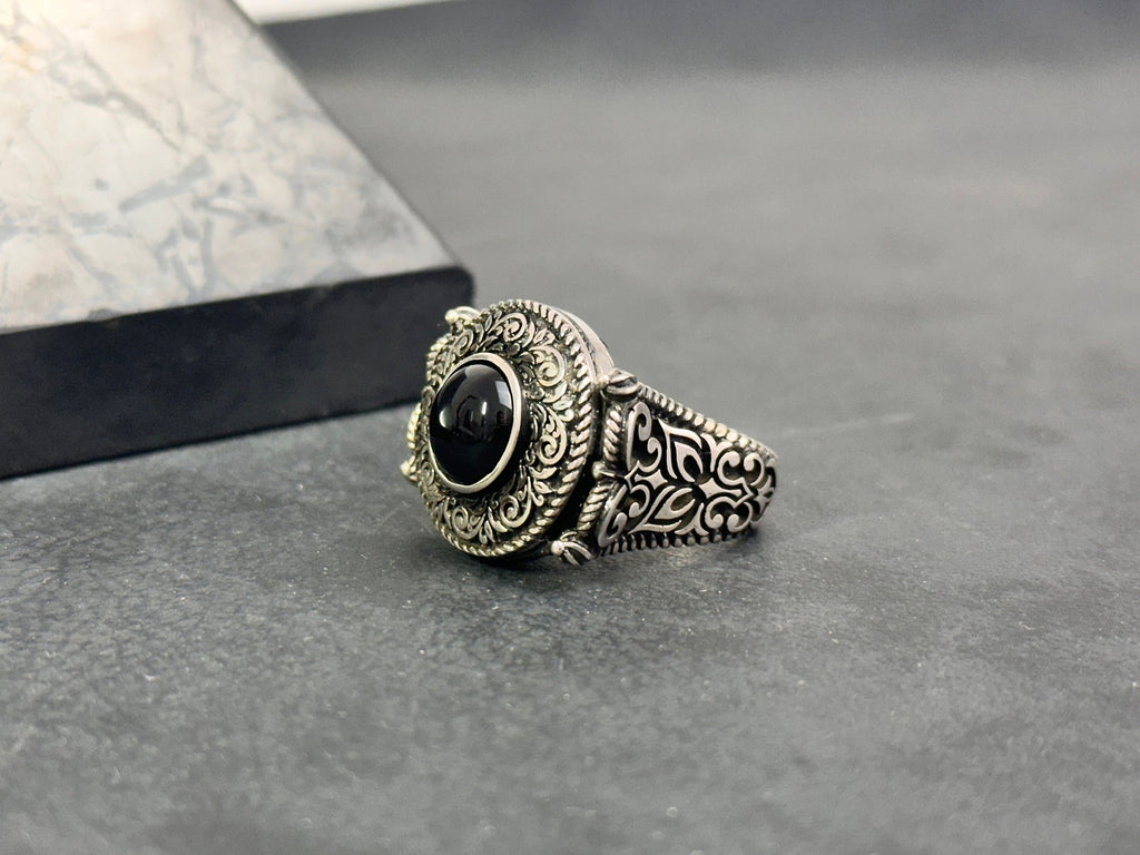 Greek Motif Onyx Ring - Sterling Silver Men's Jewelry
