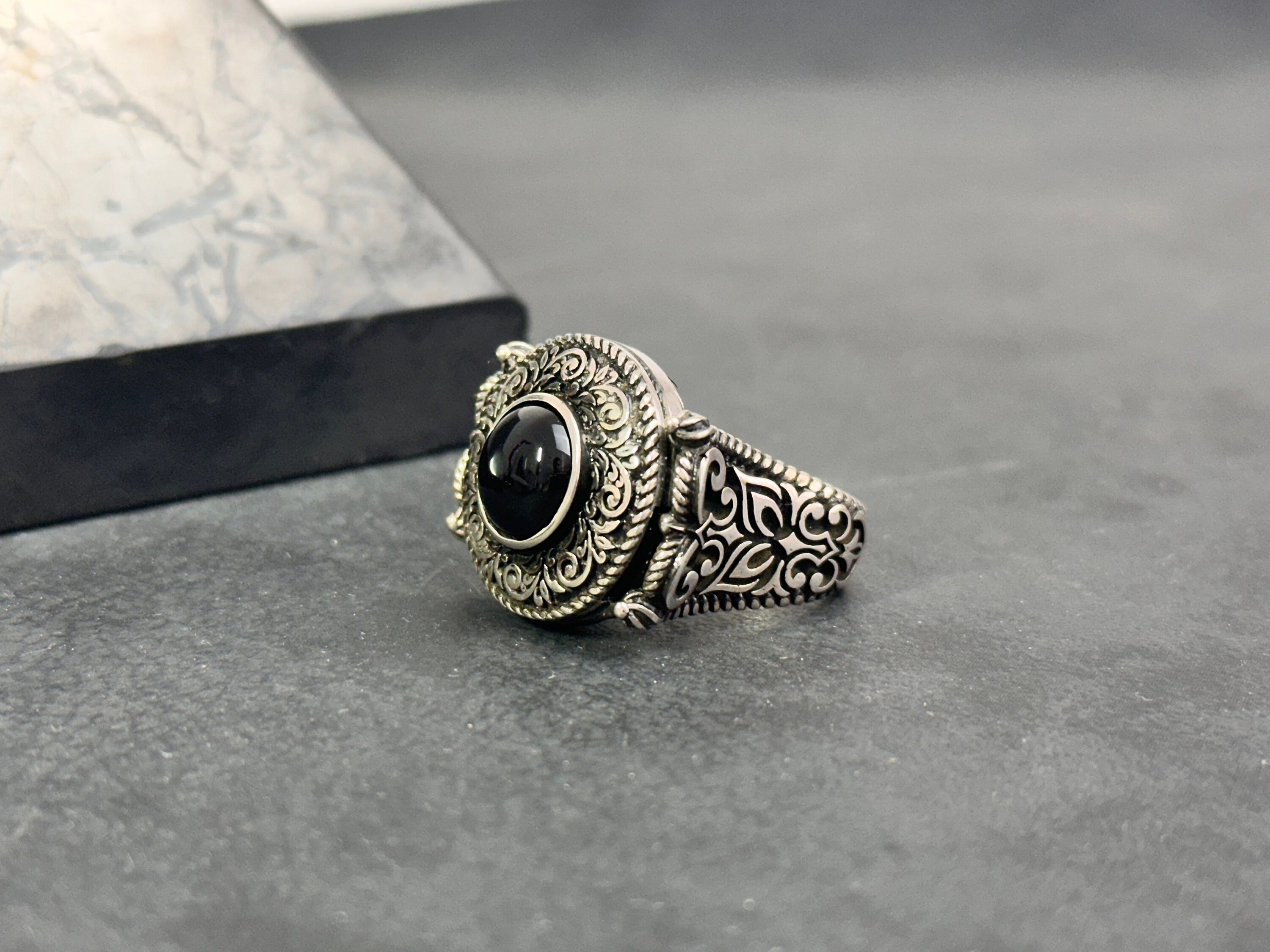 Greek Motif Onyx Ring - Sterling Silver Men's Jewelry