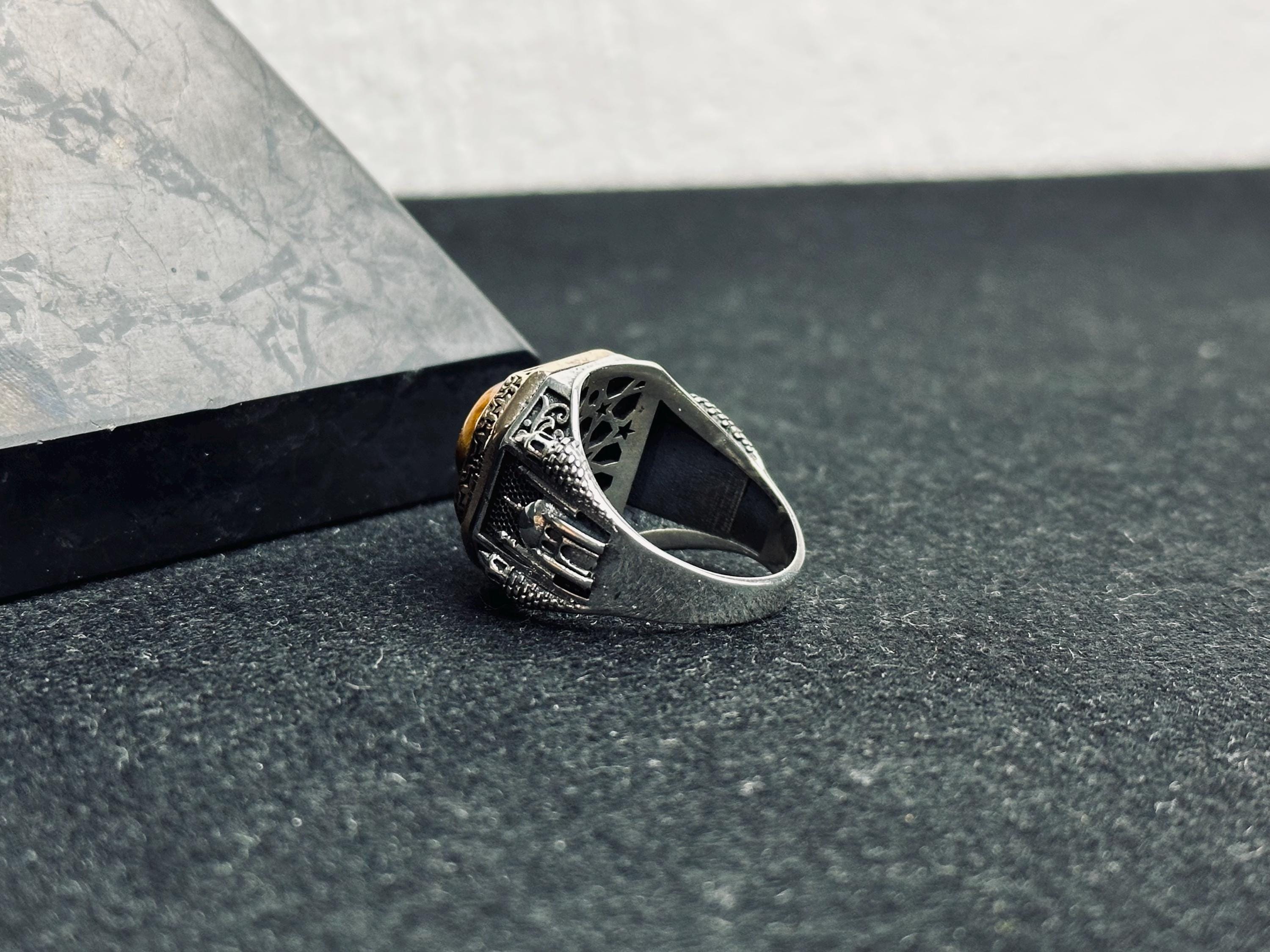 Tiger Eye Statement Ring: Men's Silver Jewelry (Mosque Engraving)