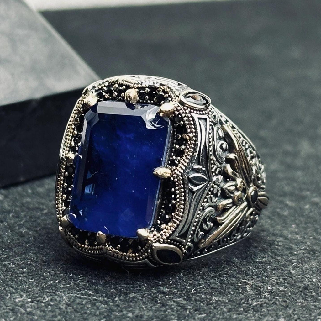 Blue CZ Men's Ring: Handmade Sterling Silver, Turkish Statement
