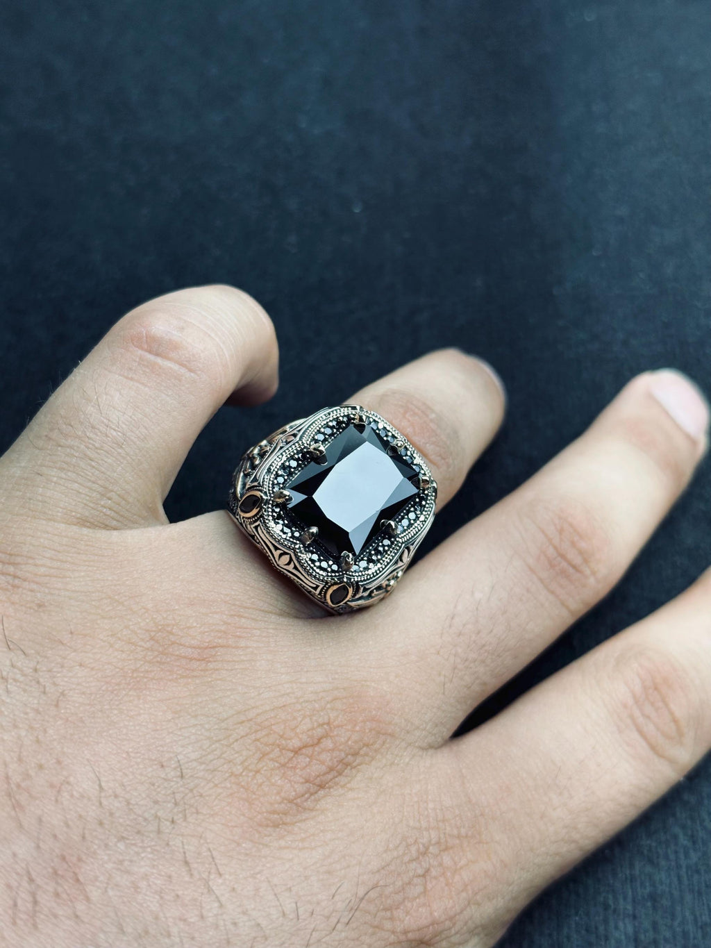 Black Zircon Men's Ring: Handmade Sterling Silver Ottoman Style