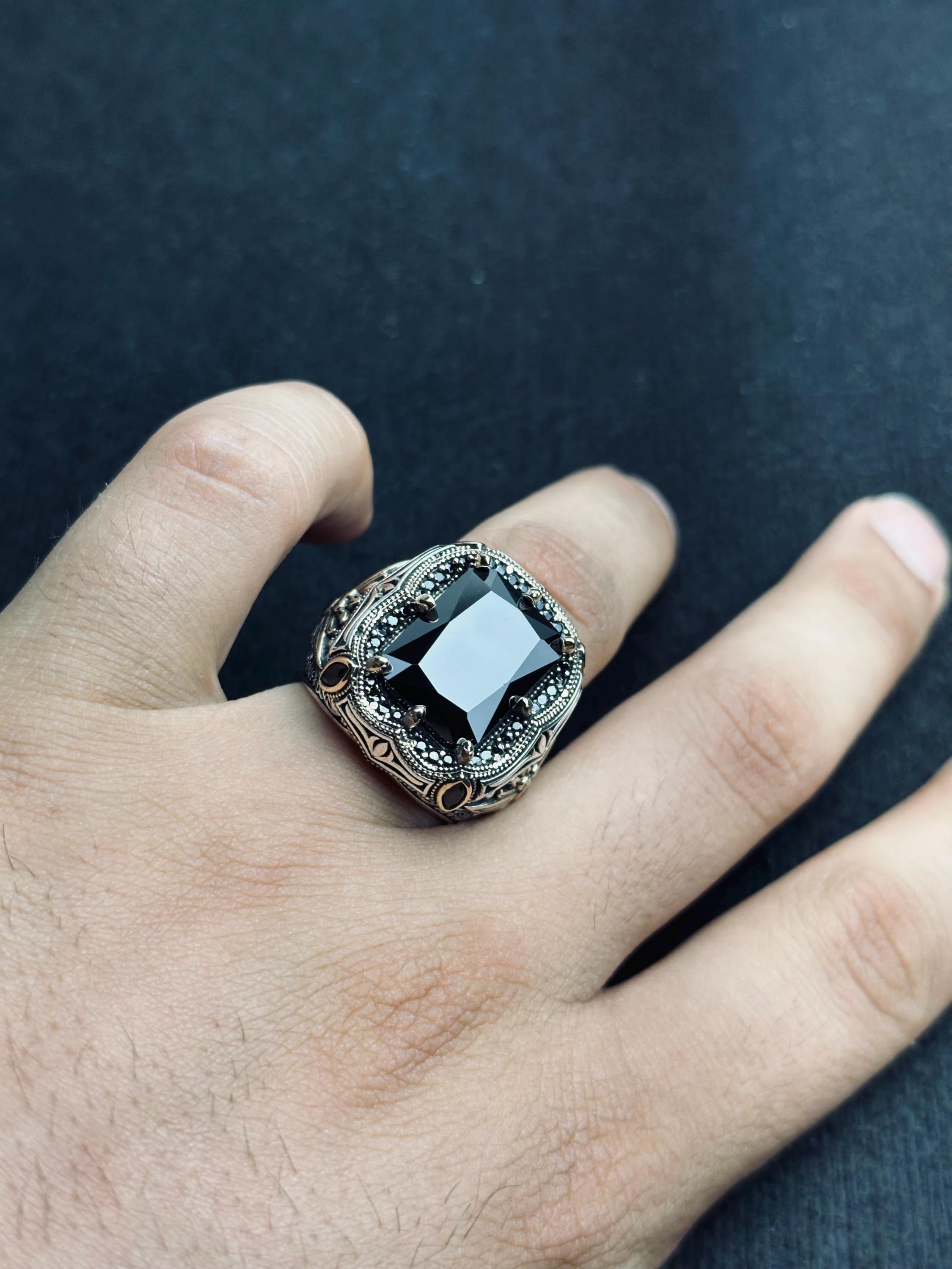Black Zircon Men's Ring: Handmade Sterling Silver Ottoman Style