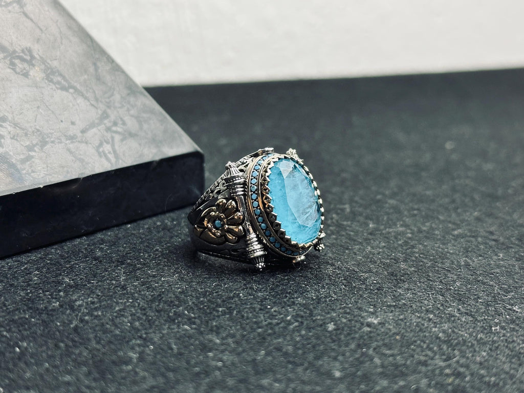 Aquamarine Signet Ring - Oval Blue Stone in Sterling Silver