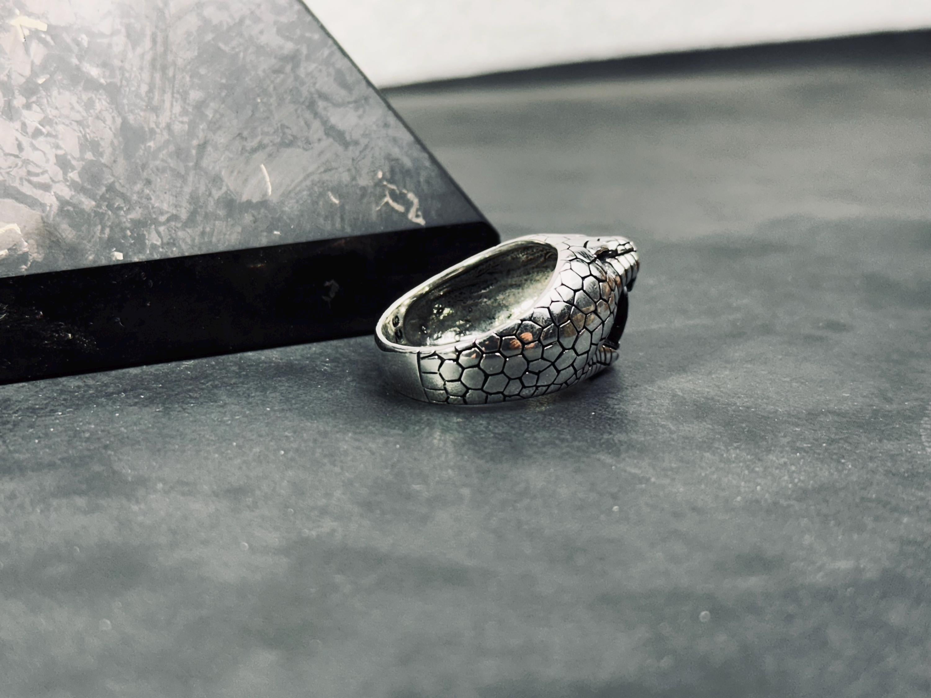 Engraved Sterling Silver Snake Ring: Red Cubic Zirconia Accent