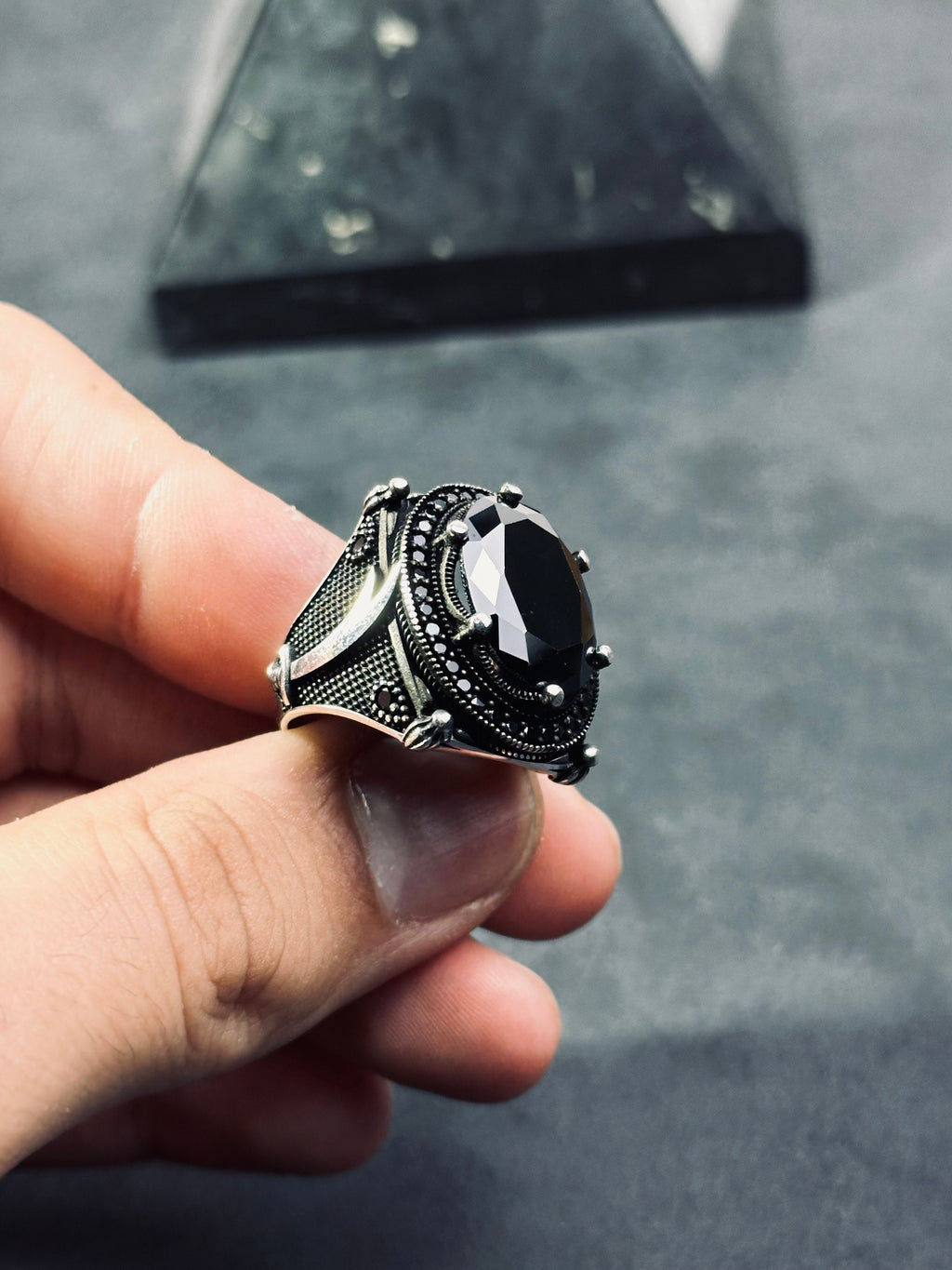 Hazrat Ali Sword Ring, Black Zircon, Sterling Silver (Men's Size)