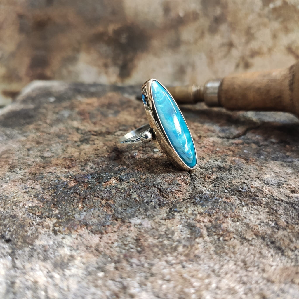 Blue Mother of Pearl Ring: Handmade Sterling Silver Statement