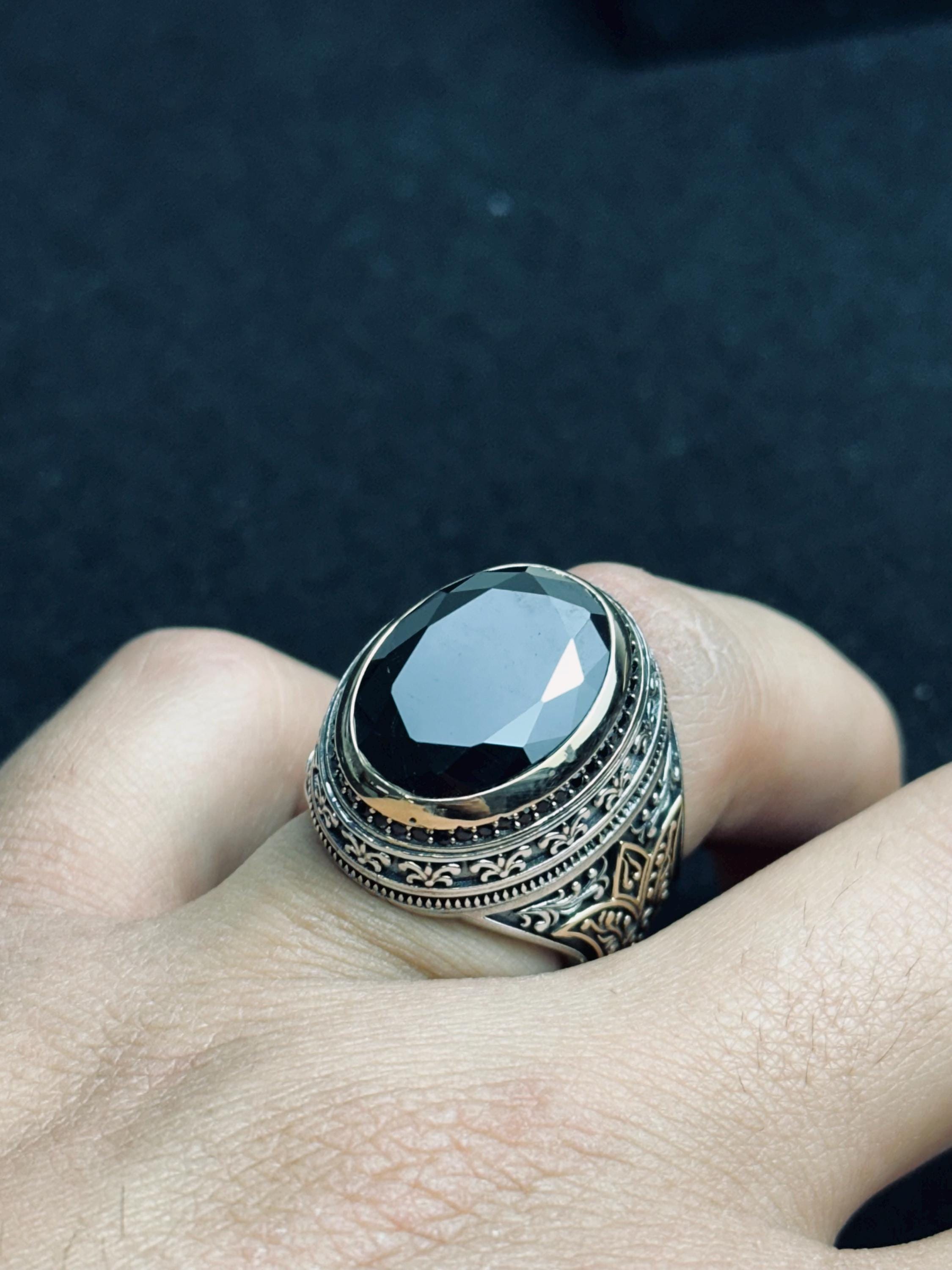 Black Zircon Men's Ring - Handmade Turkish Sterling Silver
