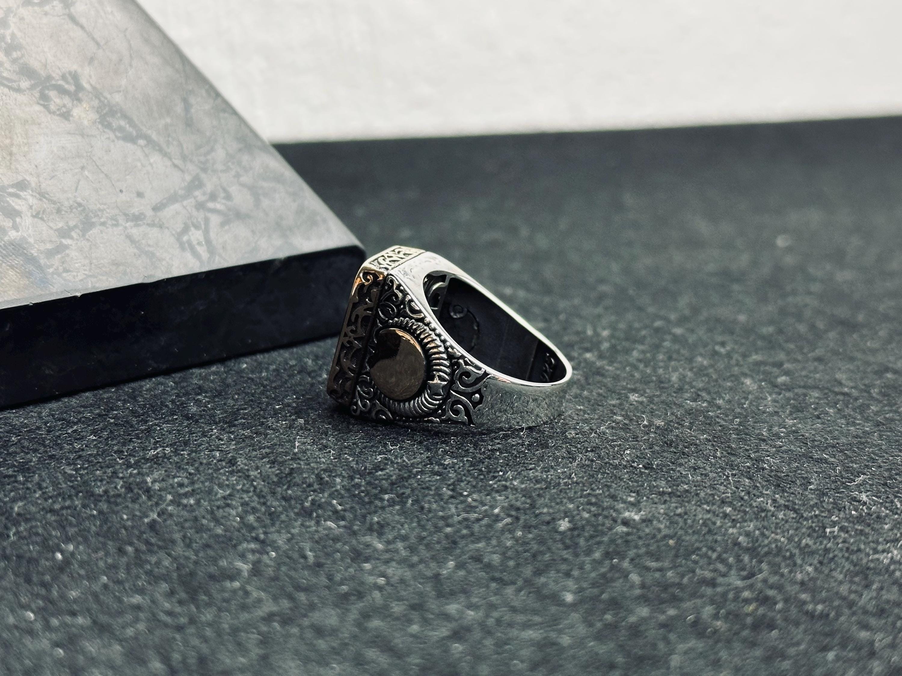 Square Onyx Ring: Turkish Handmade Silver - Engraved Ottoman Style