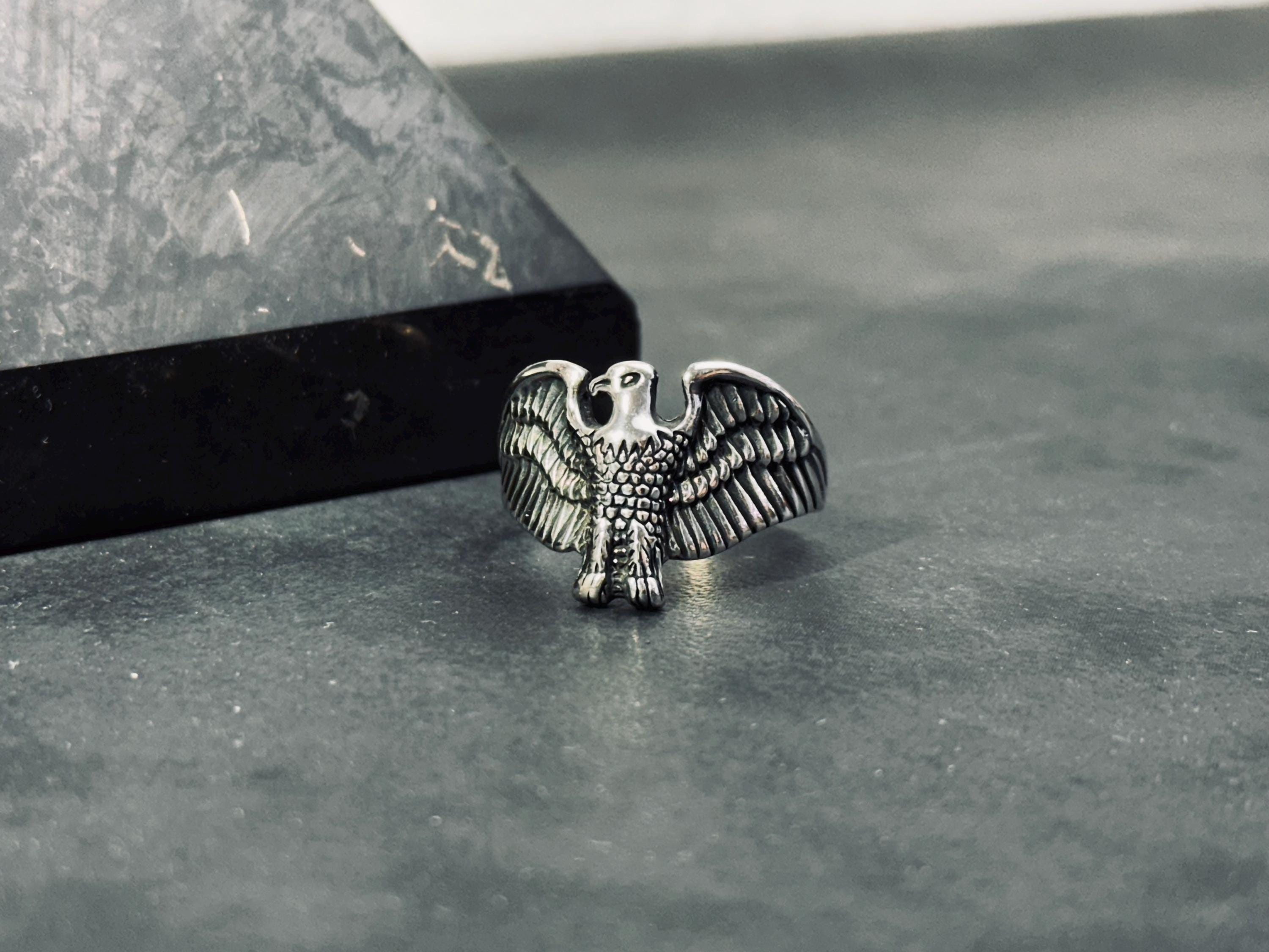 Sterling Silver Eagle Ring, Nordic Design, Layered Band (Men's)