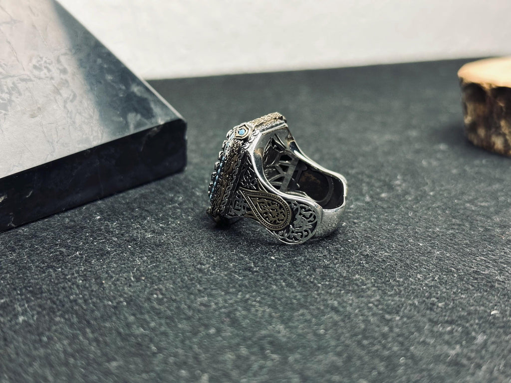 Aquamarine Men's Ring - Handmade Sterling Silver Lion Design