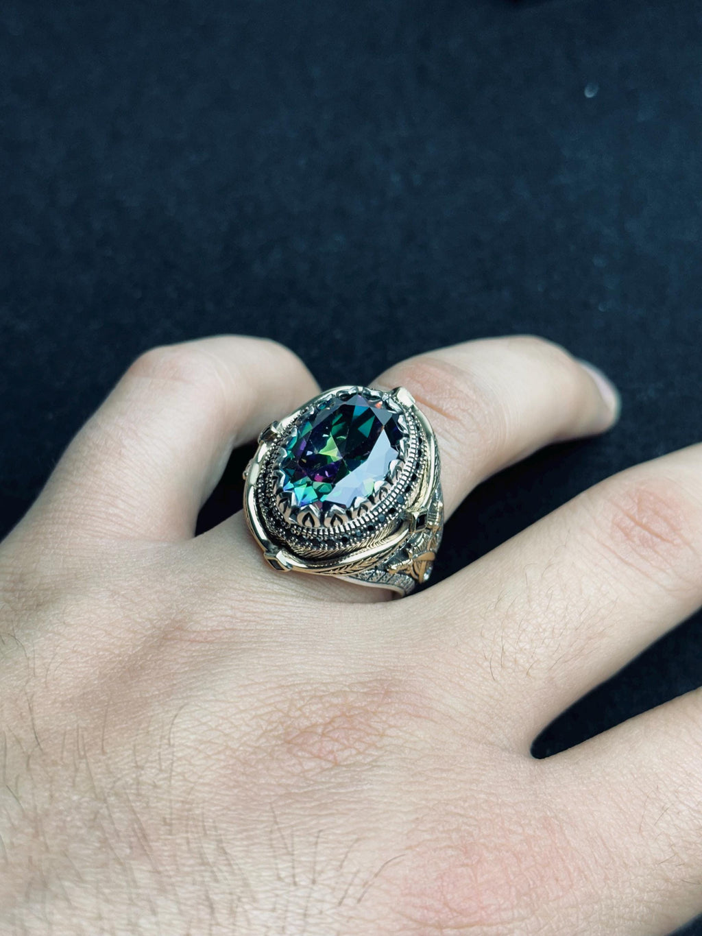 Mystic Topaz Ring: Oval Sterling Silver, Boho Men's Jewelry