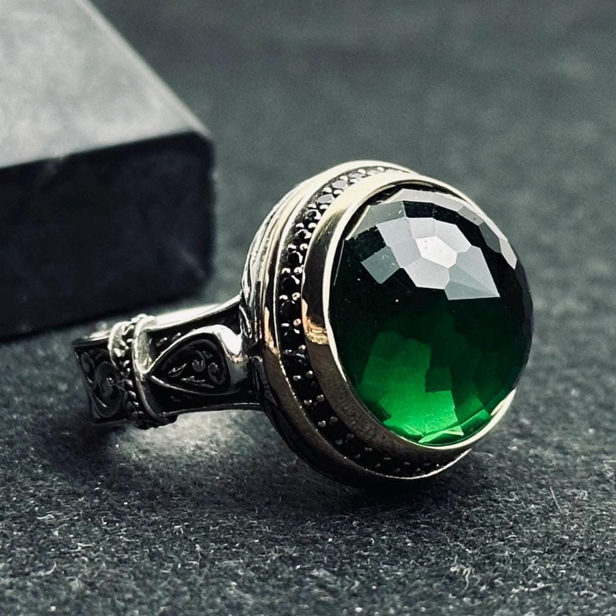 Emerald Ring: Men’s Sterling Silver Ottoman Style (Handmade)