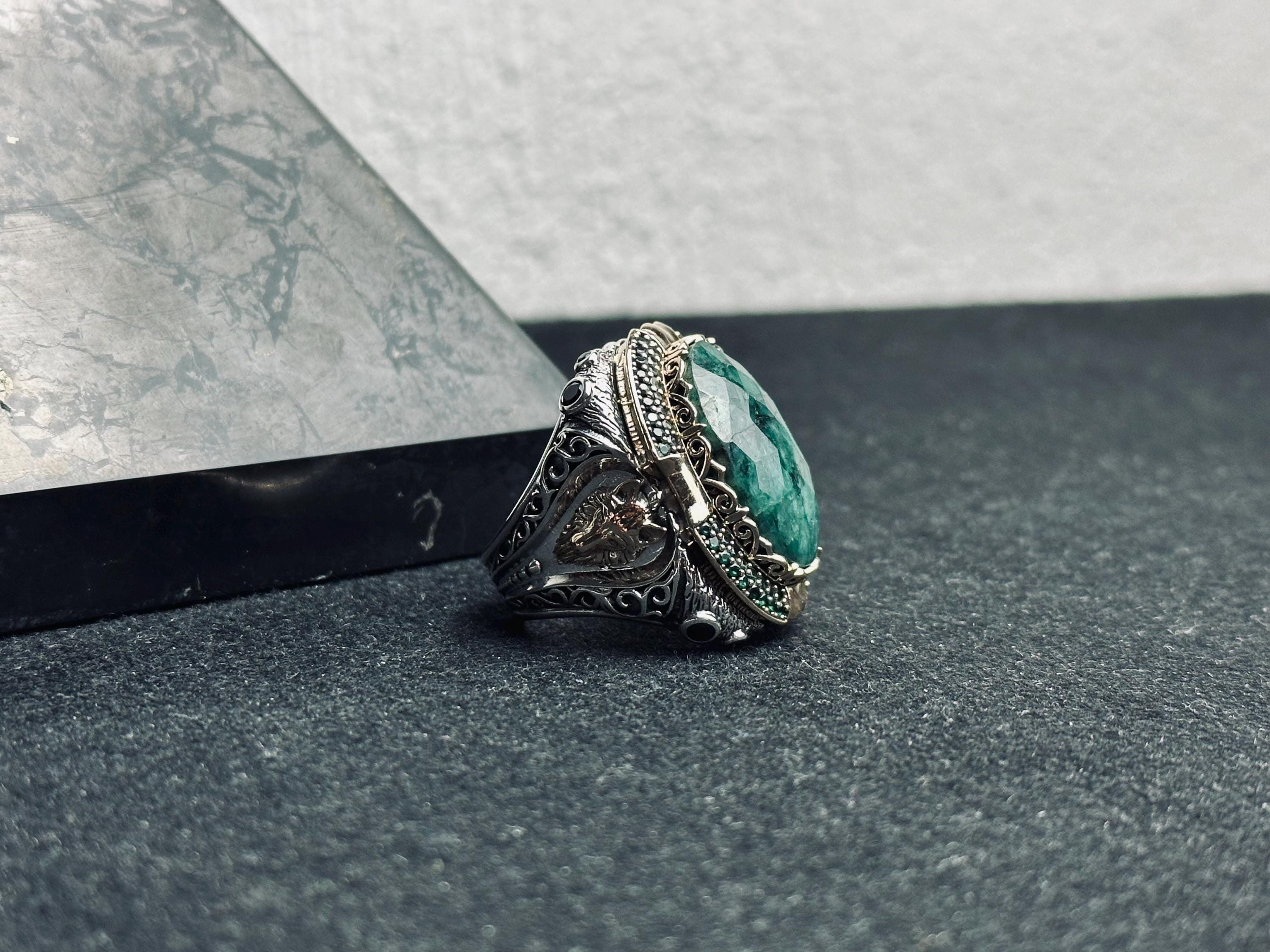 Emerald Lion Silver Ring - Large Handmade Sterling Statement