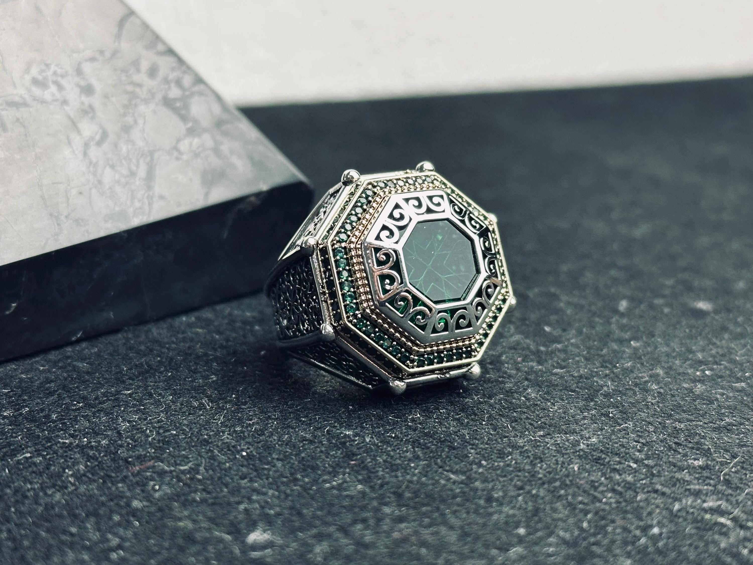 Octagon Emerald Ring, 925 Sterling Silver, Turkish Handmade Jewelry