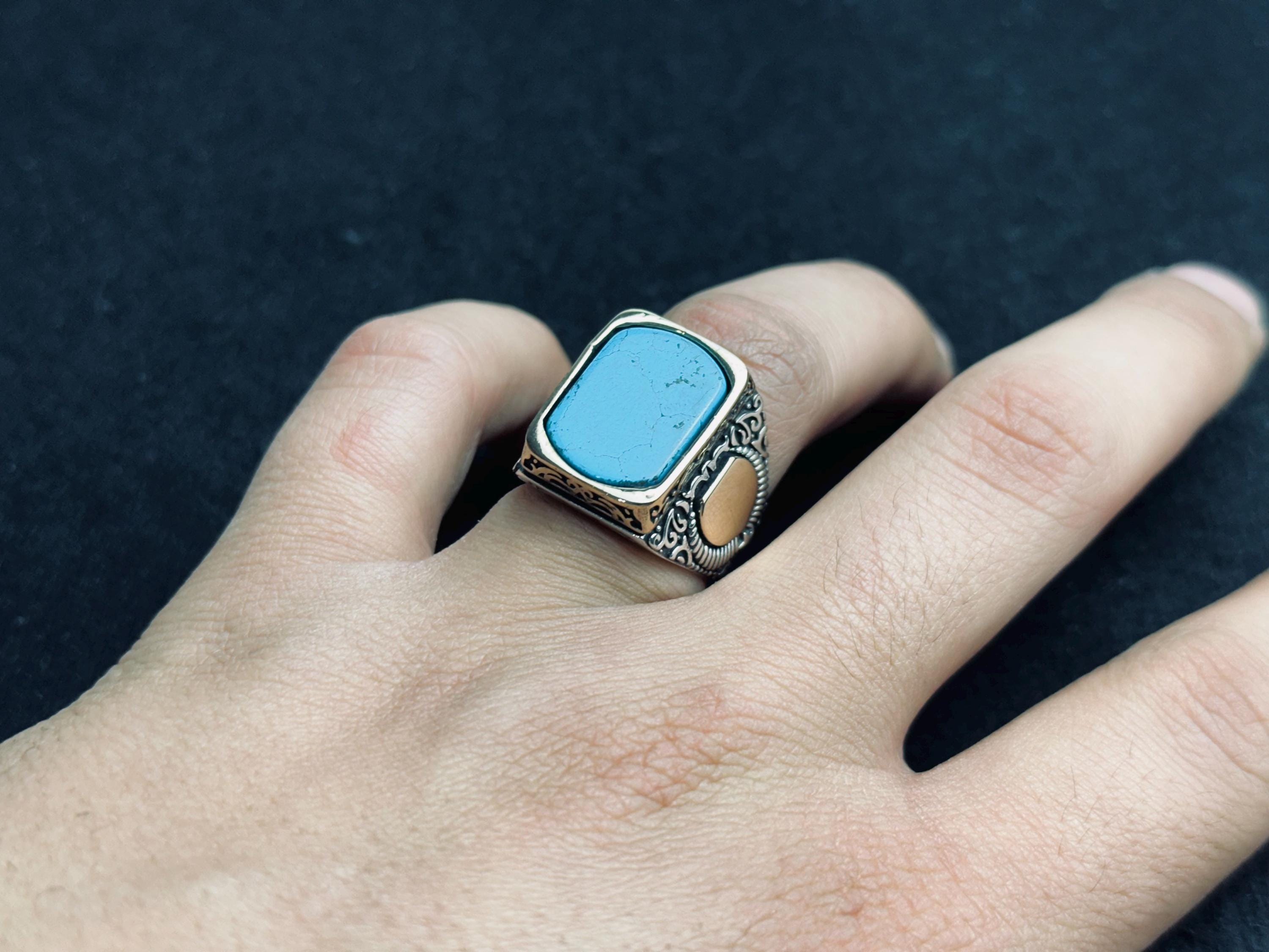 Men’s Turquoise Ring: Square Stone - Sterling Silver Boho Jewelry
