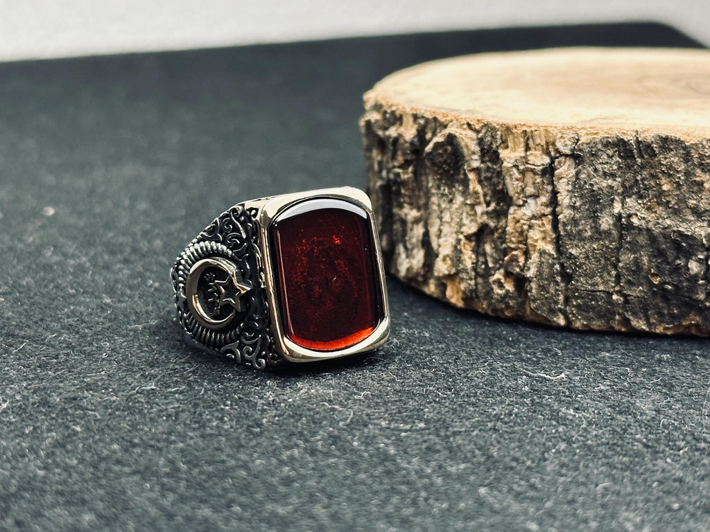 Square Amber Men's Ring - Sterling Silver, Moon and Star Accent