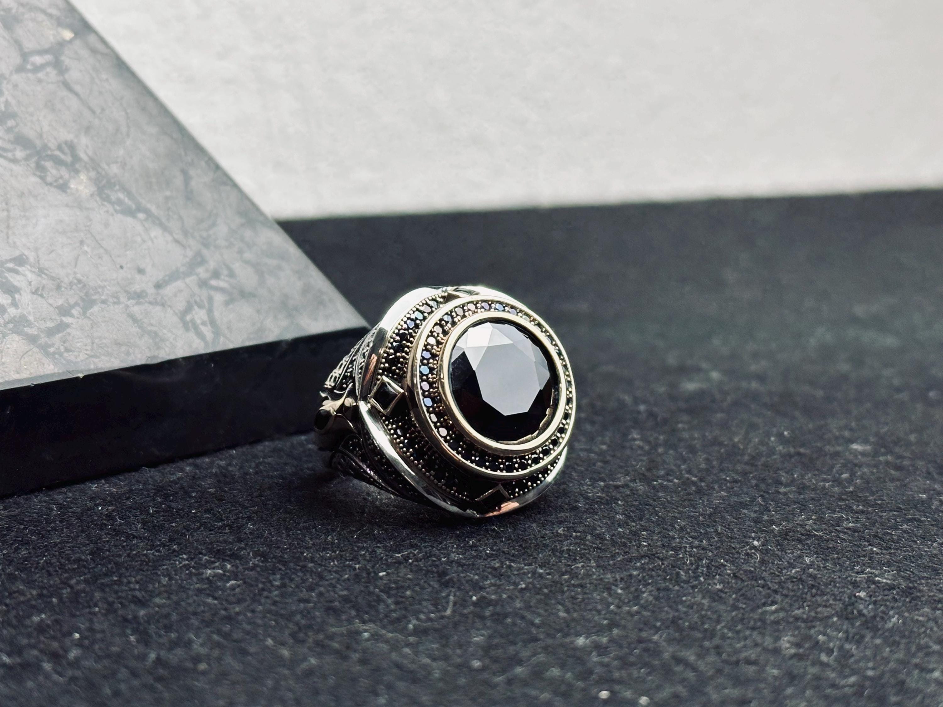 Sterling Silver Men's Ring: Black Zircon Stone (Handmade, Turkish Style)