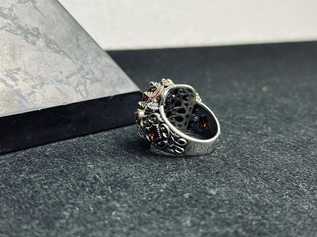 Ruby Signet Ring: Sterling Silver Artisan Design - Zircon Detail