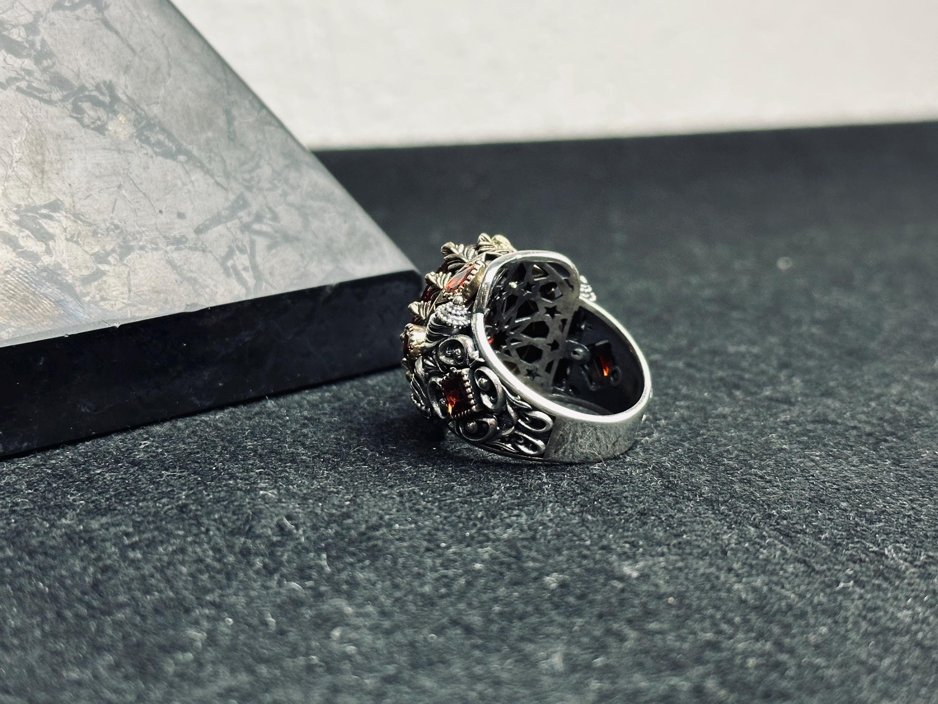 Ruby Signet Ring: Sterling Silver Artisan Design - Zircon Detail