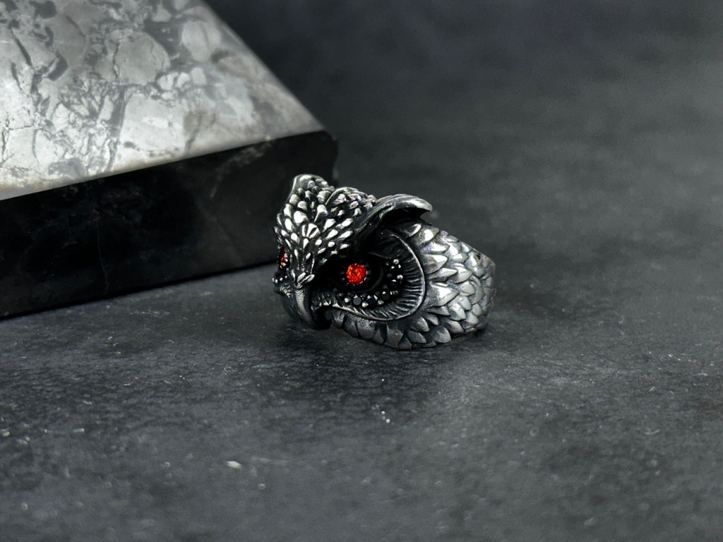 Owl Ring: Sterling Silver, Zircon Eye Detail - Handmade Statement