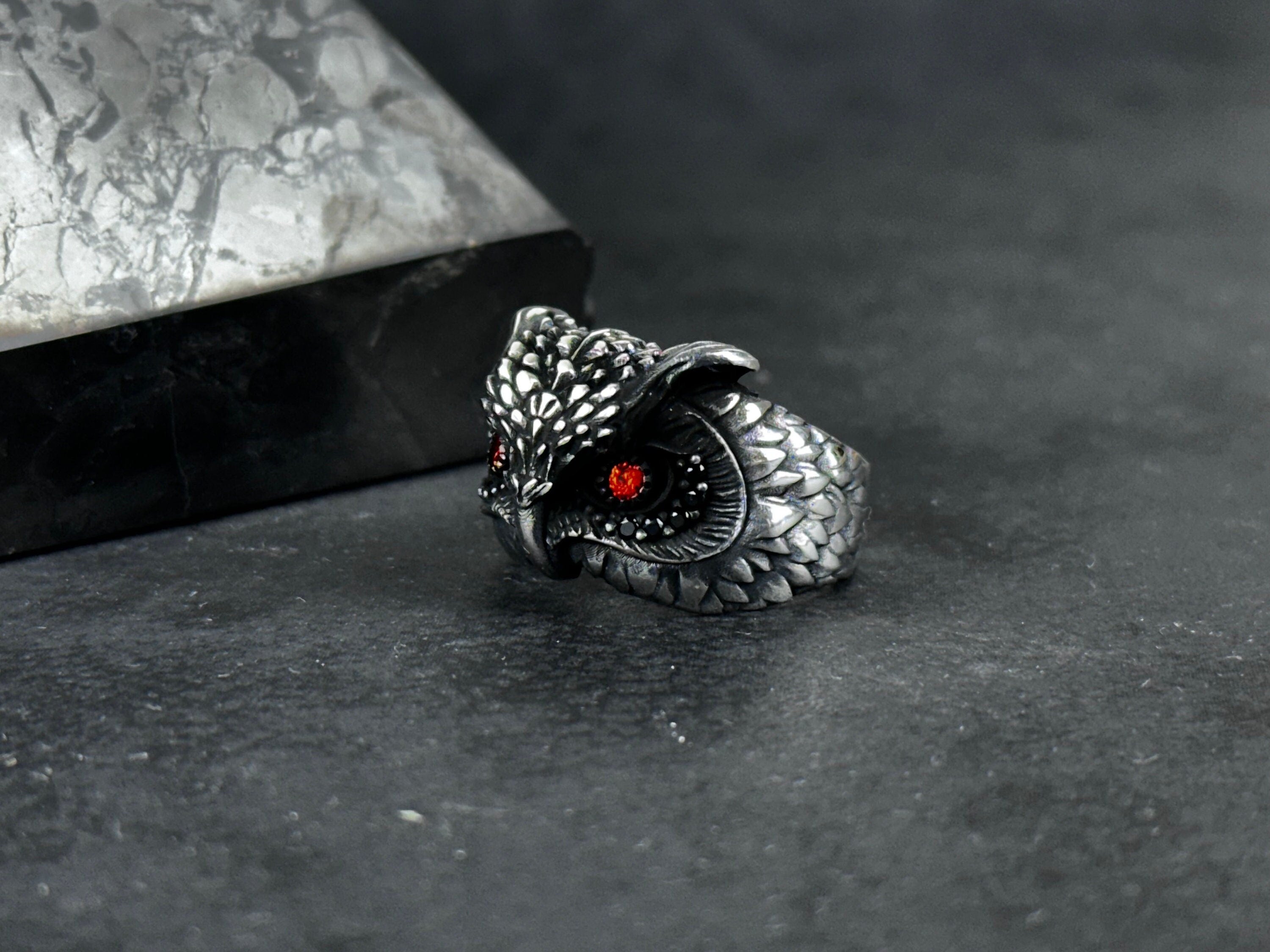 Owl Ring: Sterling Silver, Zircon Eye Detail - Handmade Statement