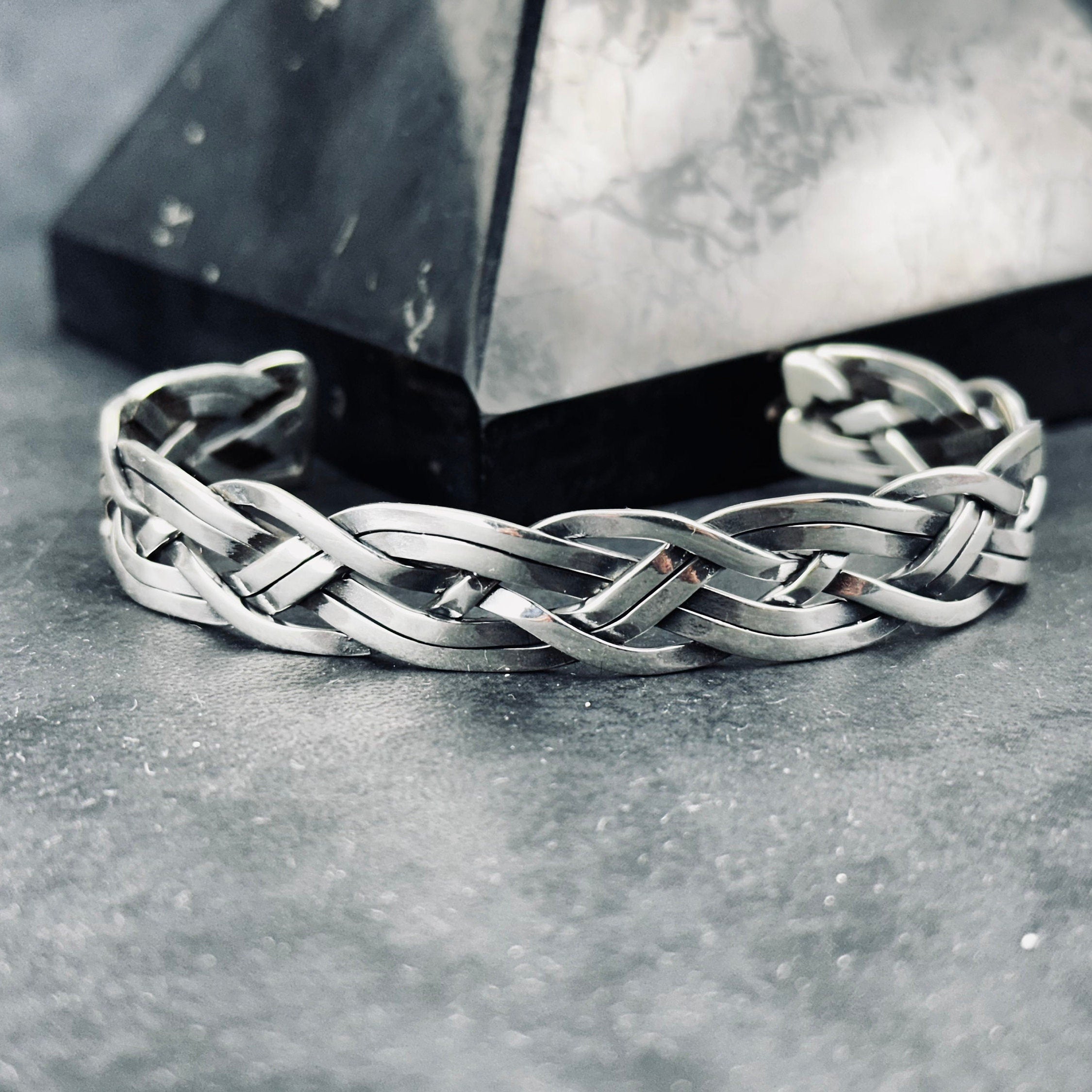 Knitted Silver Cuff Bracelet: Handmade Adjustable Braid (Sterling 925)