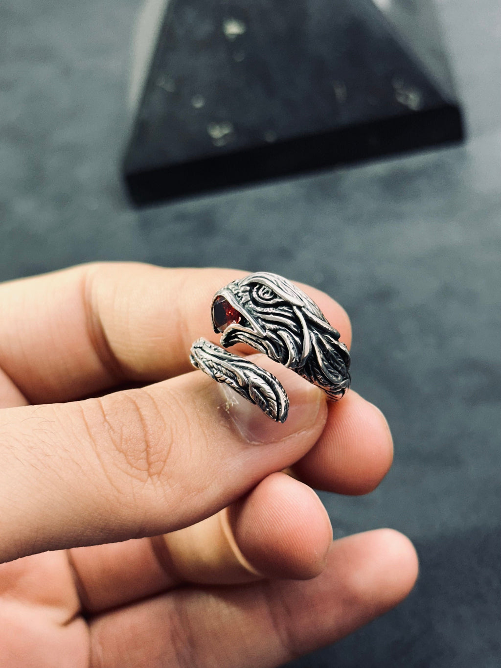 Oxidized Sterling Silver Snake Ring: Adjustable with CZ Gemstone