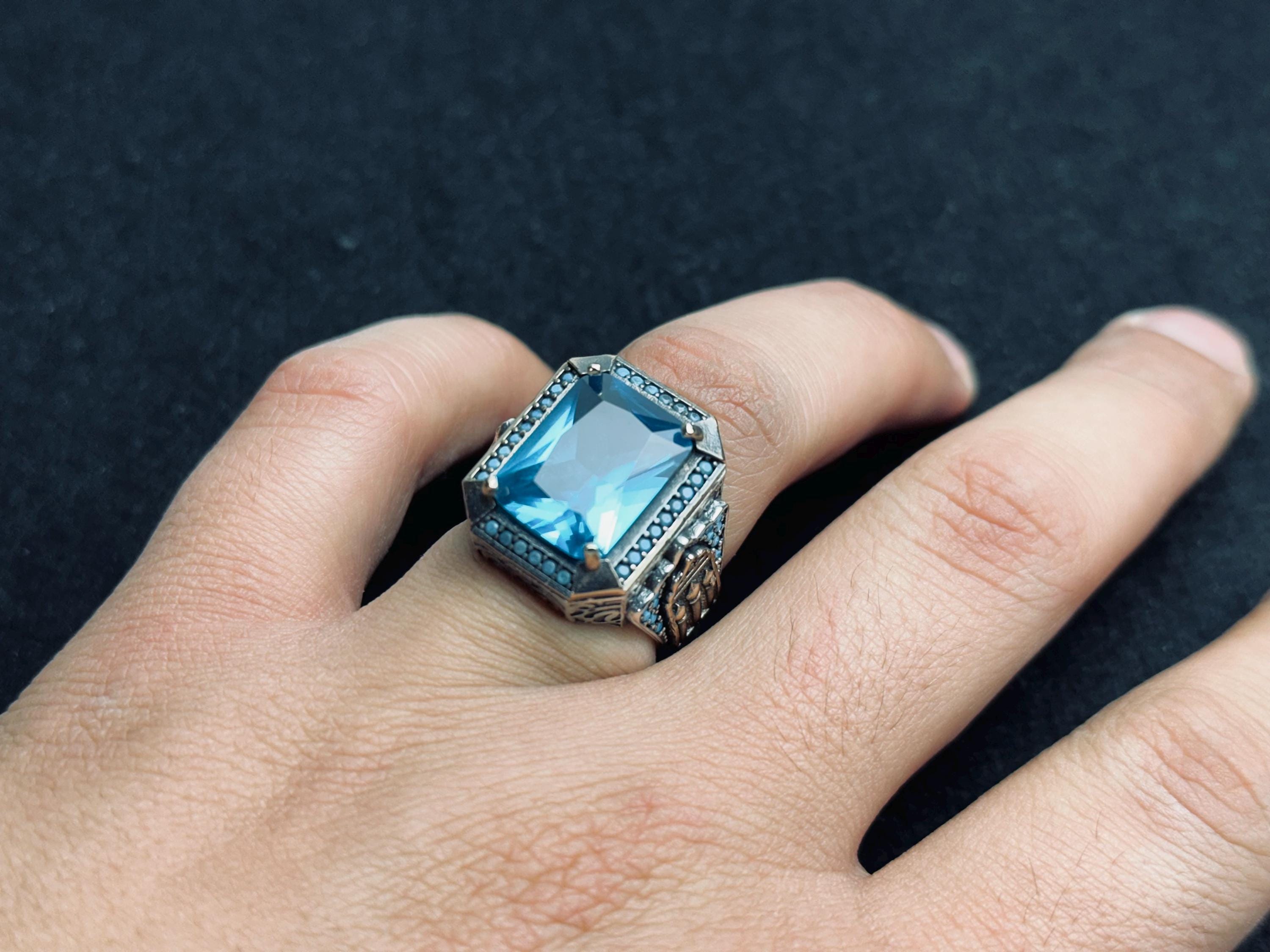 Aquamarine Ring: Men's Sterling Silver Square Cut (Handmade Turkish)
