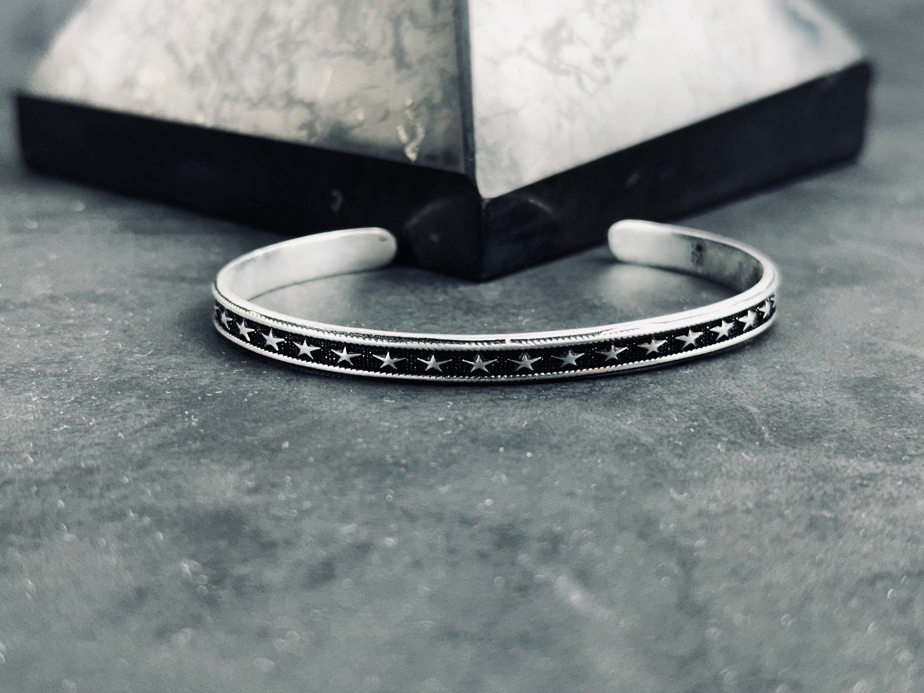 Star Embroidered Silver Bangle: Handmade Adjustable Sterling Cuff
