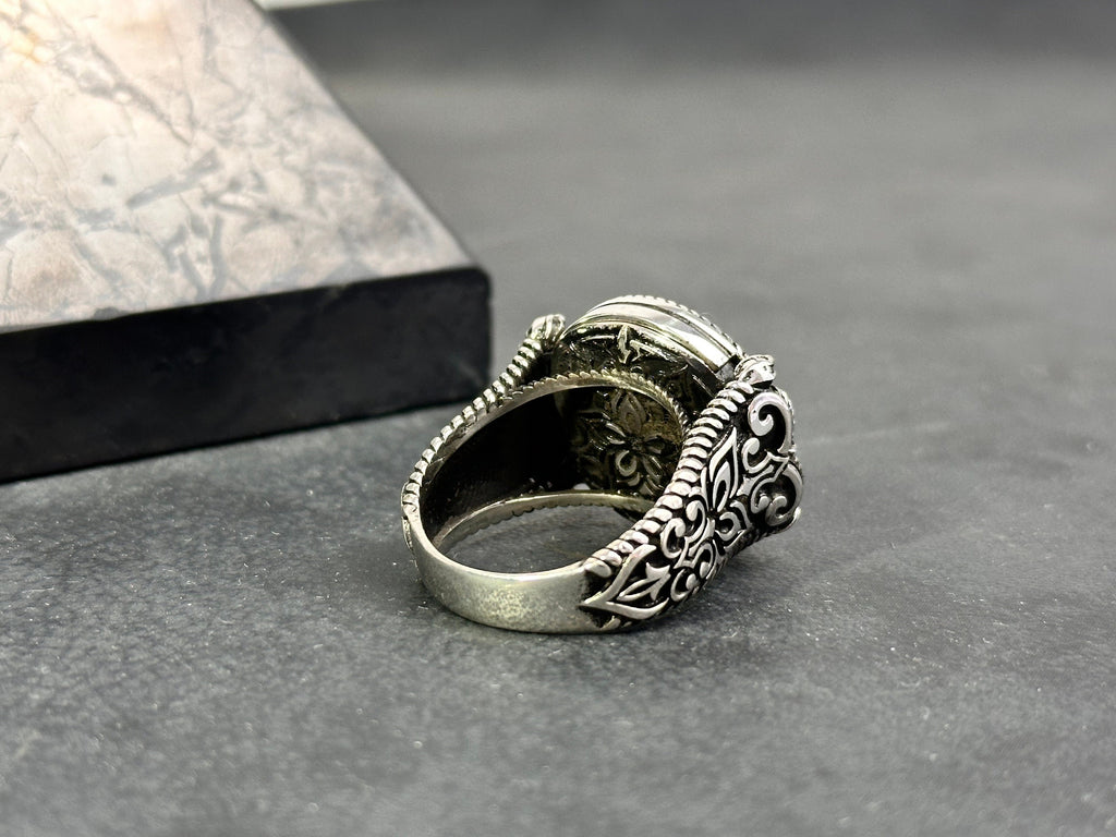 Men's Agate Ring: Cushion Green Stone - Handmade Sterling Silver