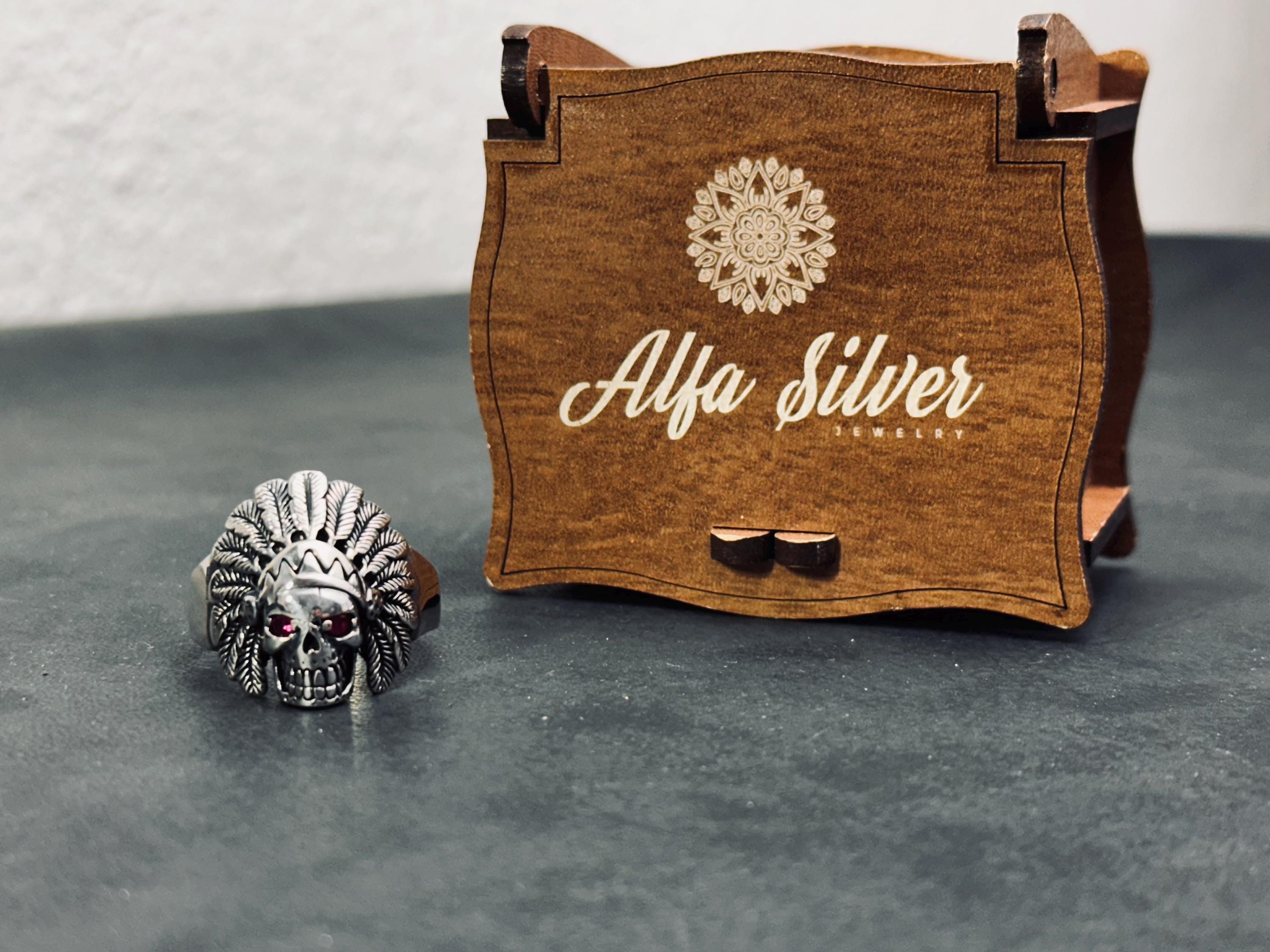 Indian Chief Skull Ring: Sterling Silver with Cubic Zirconia - Men's Jewelry