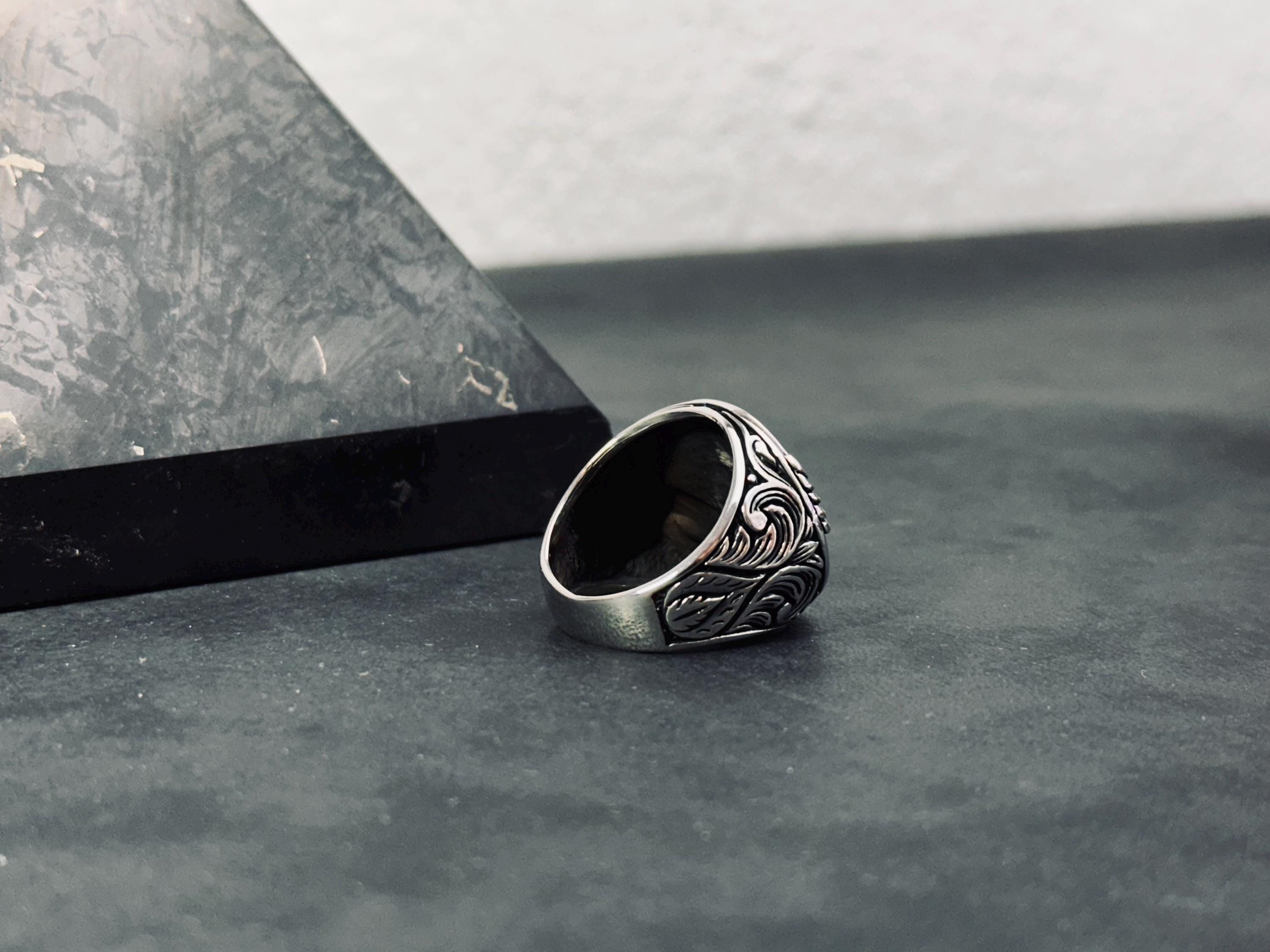Oxidized Sterling Silver Eagle Ring: Handmade Engraved Design
