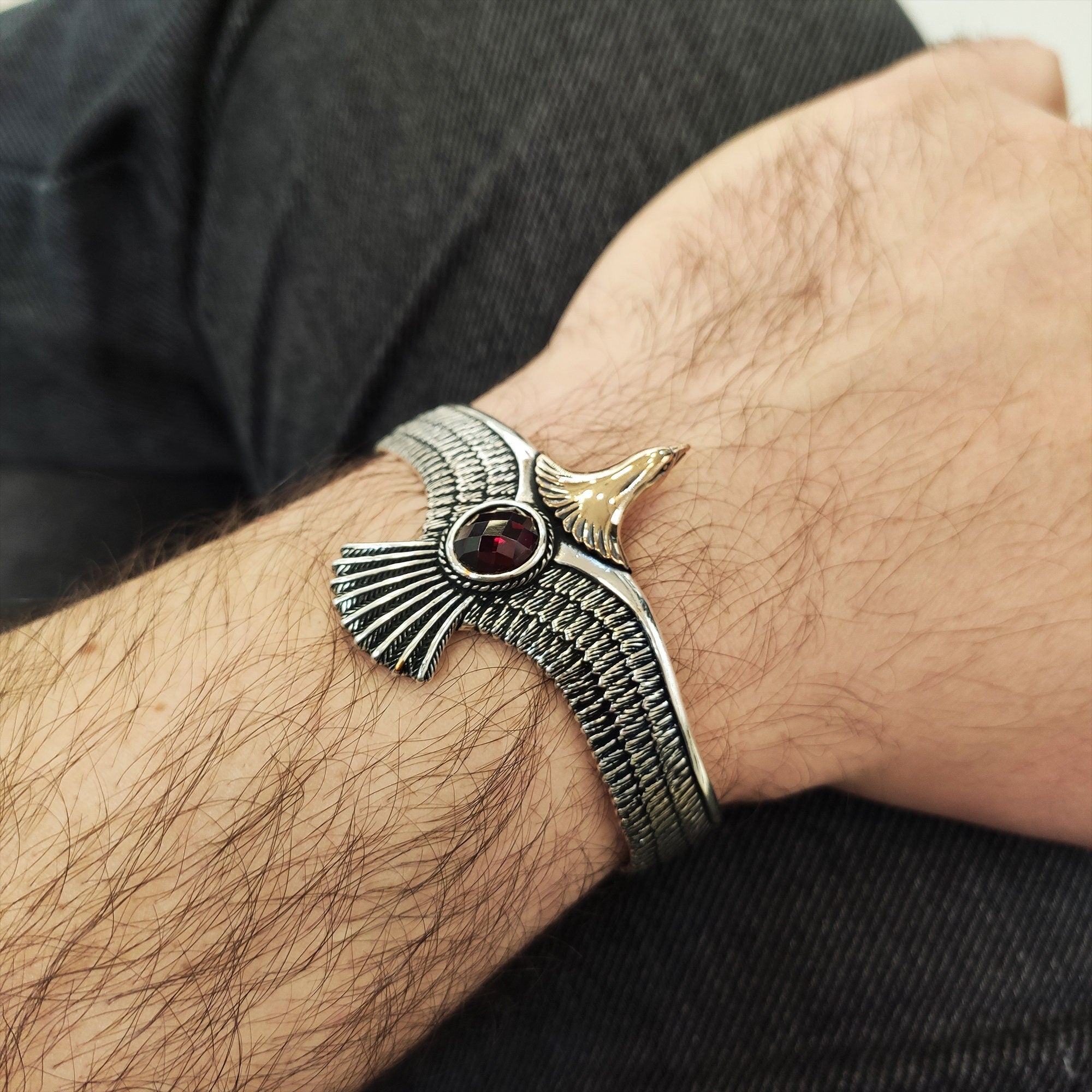 Eagle Bracelet: Red Zircon Sterling Silver Cuff (Handmade)