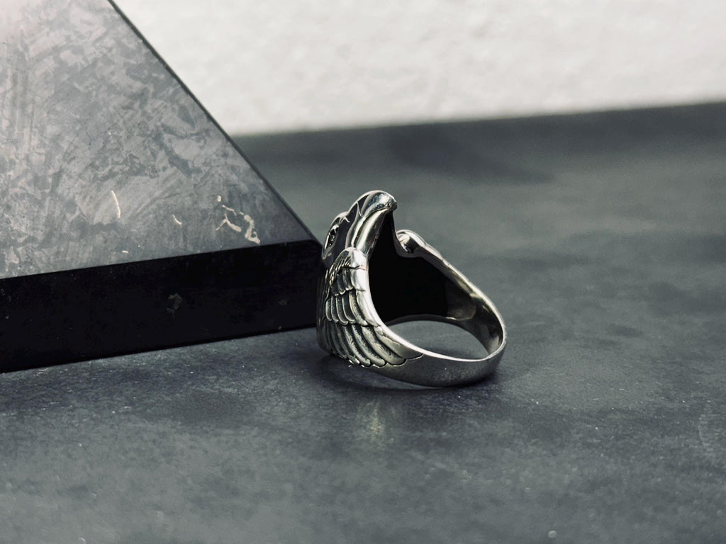 Raven Signet Ring: Sterling Silver Handmade - Engraved Bird Design